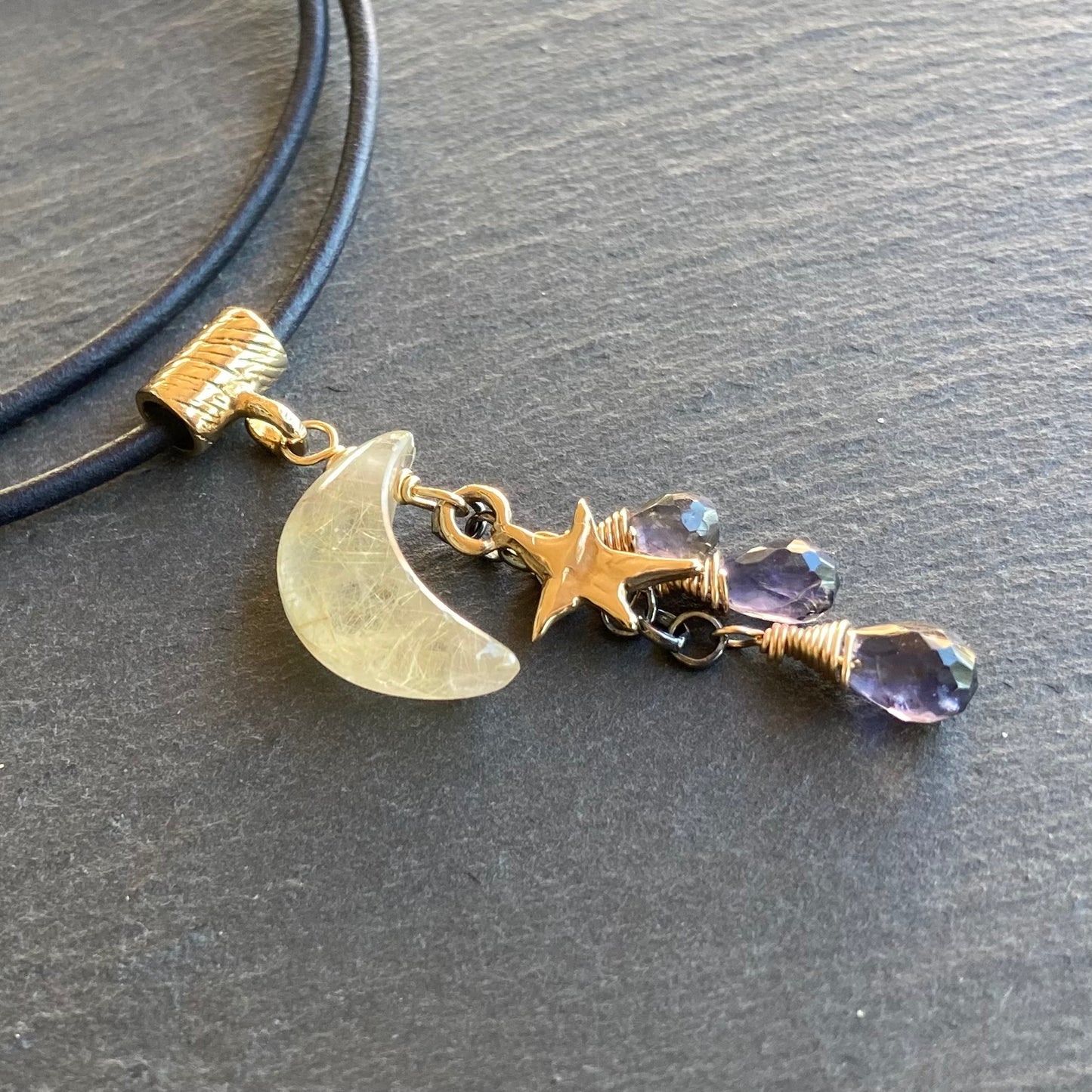 Golden Rutilated Quartz, Iolite & Mixed Metal Autumn Moon Leather Charm Choker