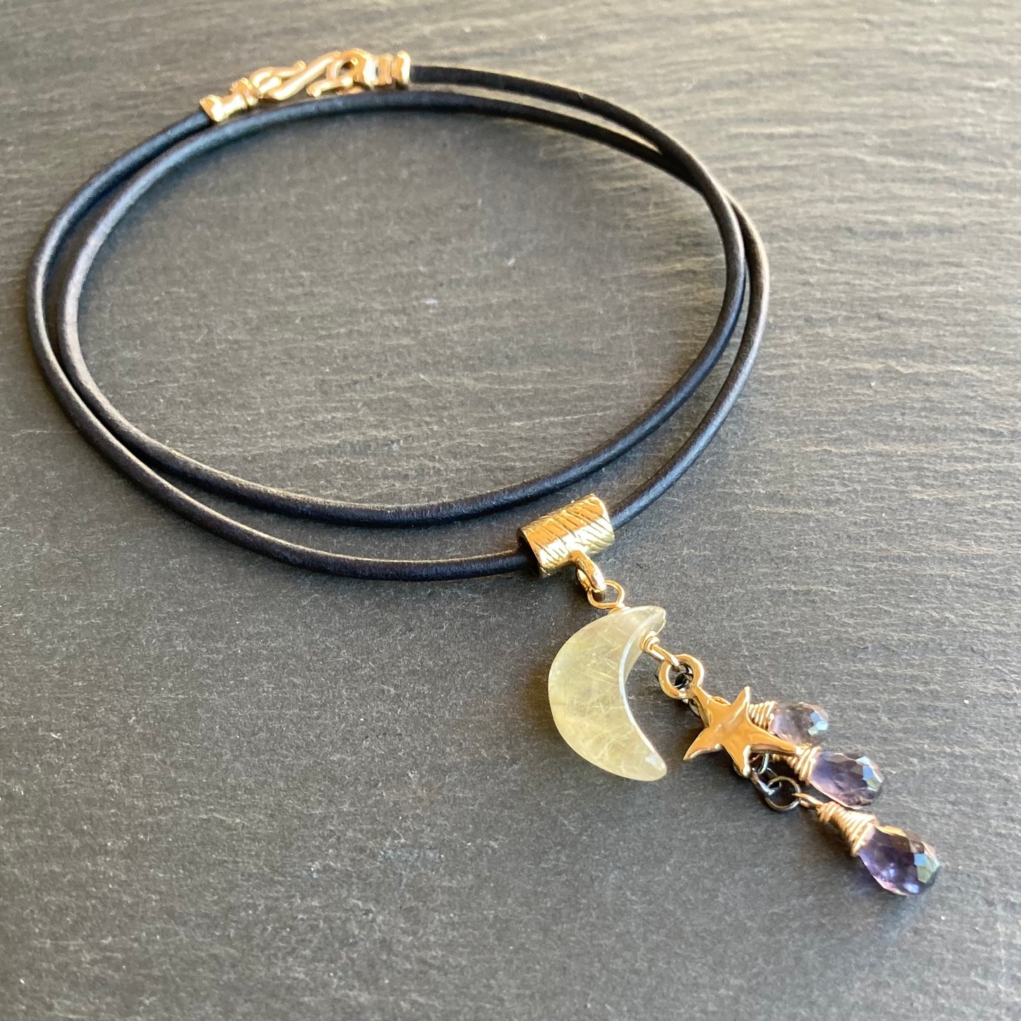 Golden Rutilated Quartz, Iolite & Mixed Metal Autumn Moon Leather Charm Choker