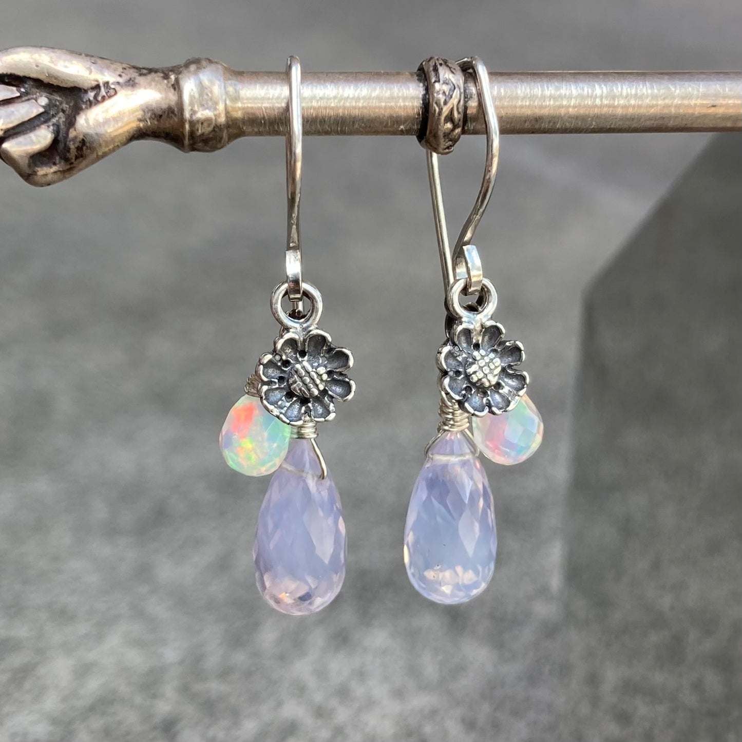 Scorolite, Ethiopian Opal & Sterling Silver Cherry Blossom Earrings