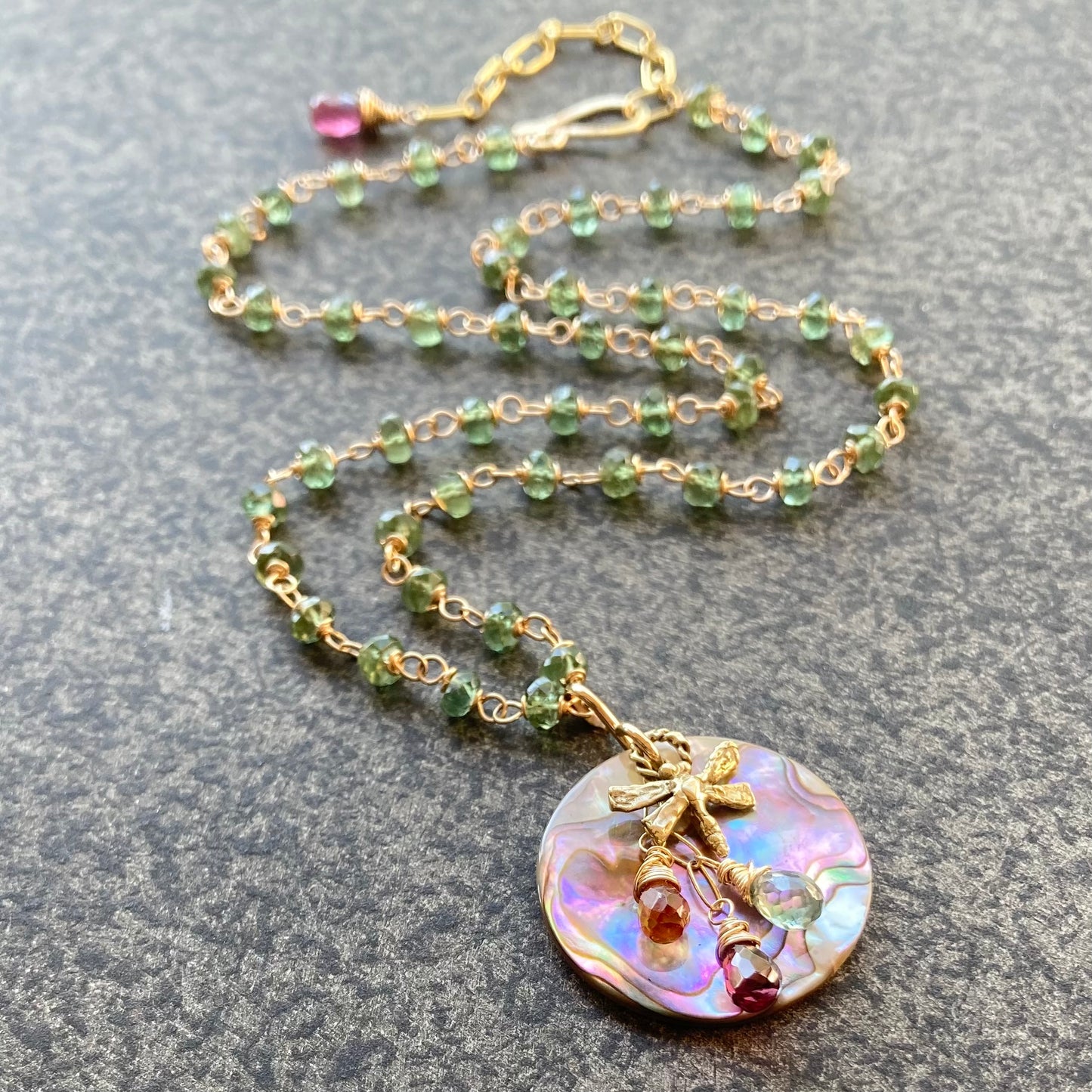 Green Apatite, Gold, Vintage Abalone & Bronze Dragonfly Reflection Pendant Necklace