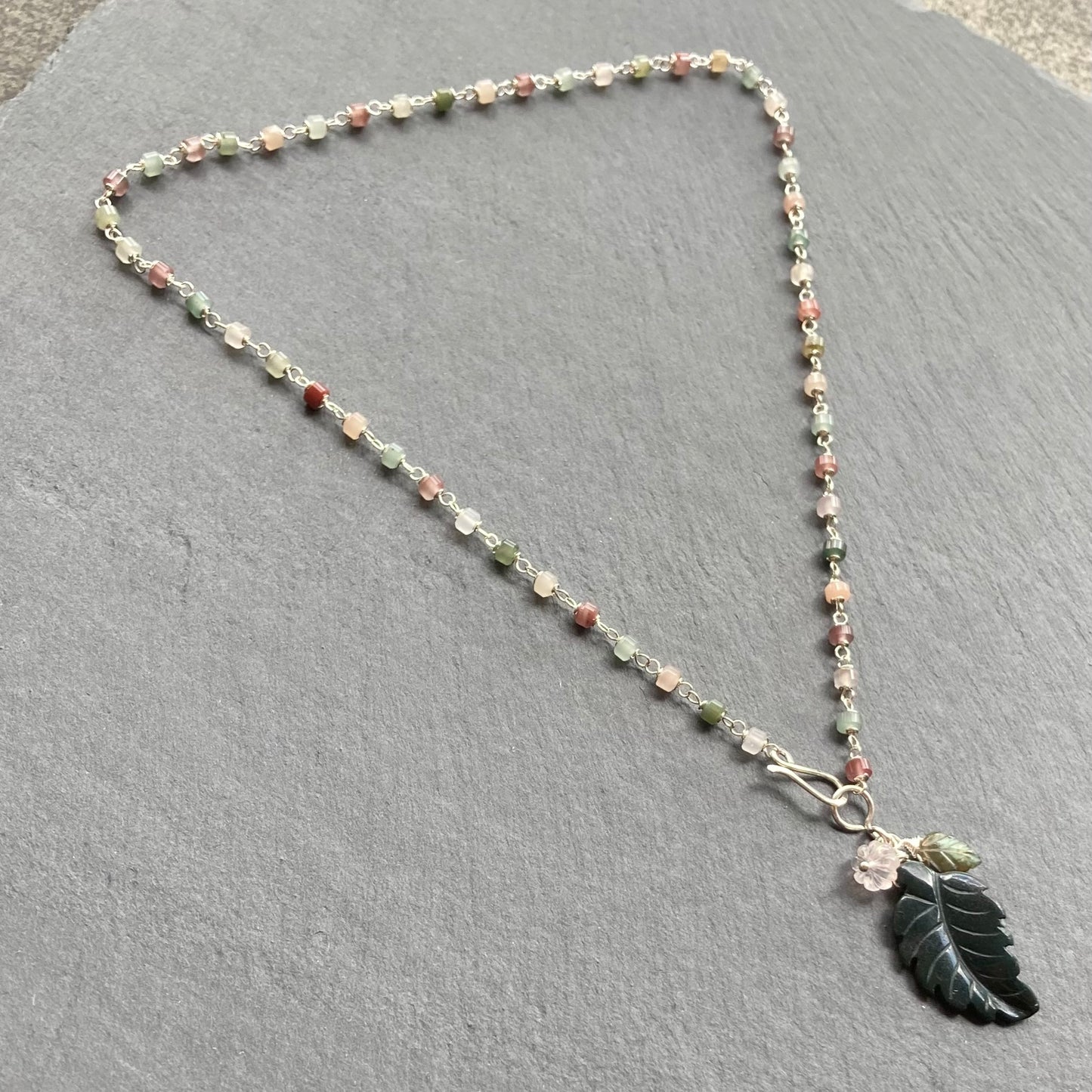Yanyuan Agate, Sterling Silver & Indian Agate Winter Leaf Charm Necklace