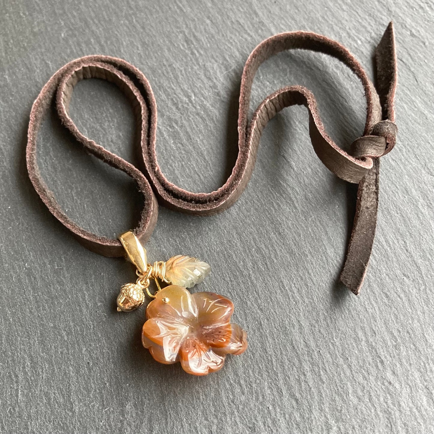 Carnelian & Bronze Autumn Bloom Deertan Leather Charm Choker