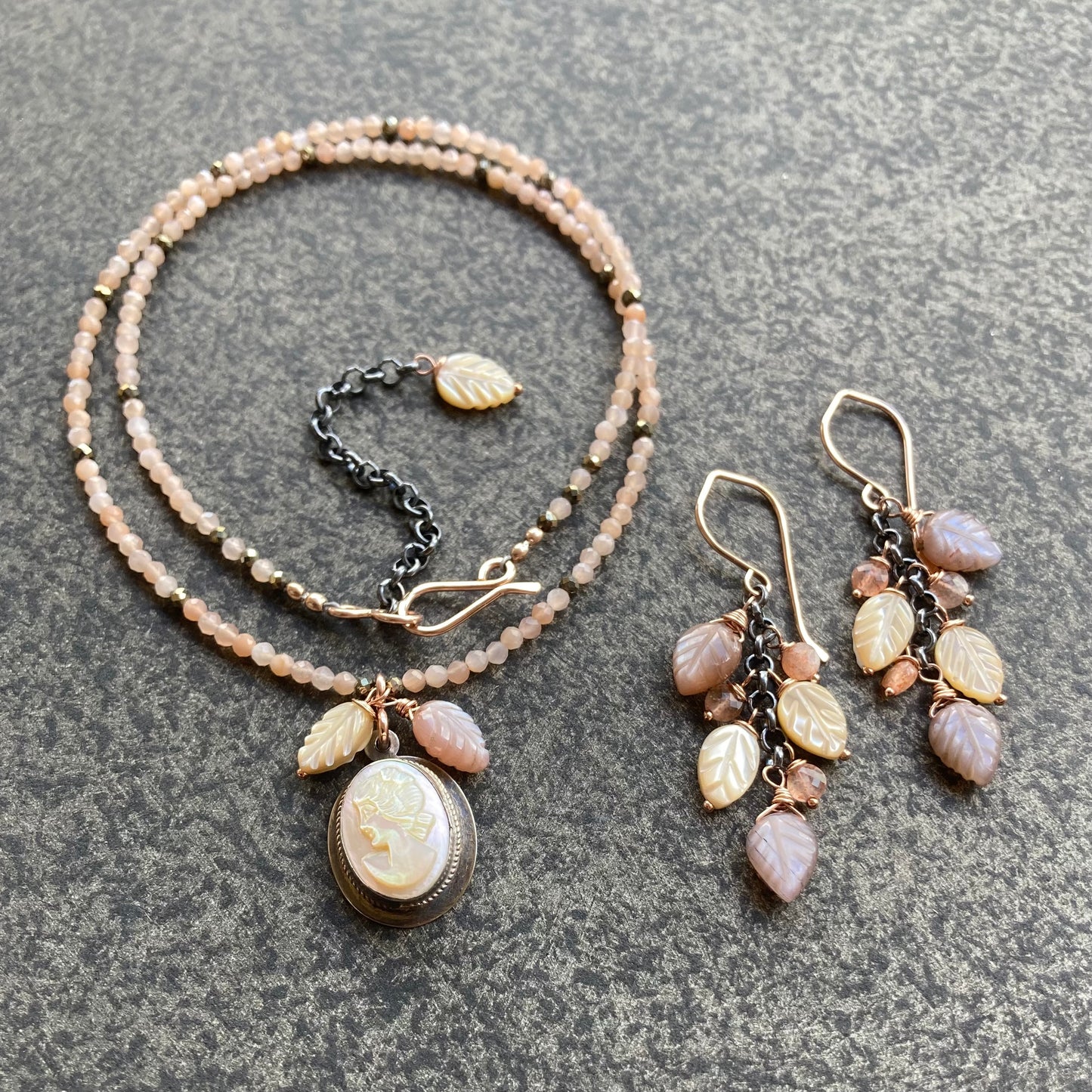 Peach Moonstone & Vintage Mother of Pearl Cameo Pendant Necklace