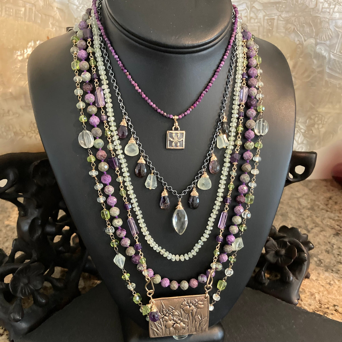 Moss Amethyst, Prehnite & Mixed Metal Charm Choker