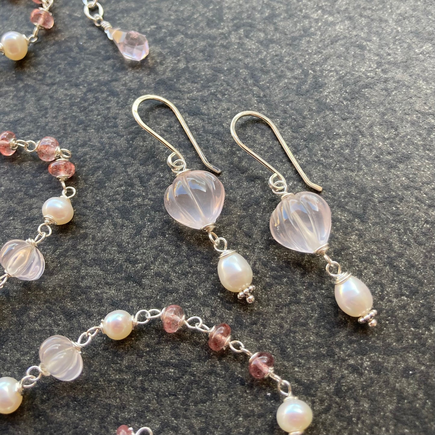 Rose Quartz, Strawberry Quartz, Vintage Freshwater Pearl & Sterling Silver Necklace