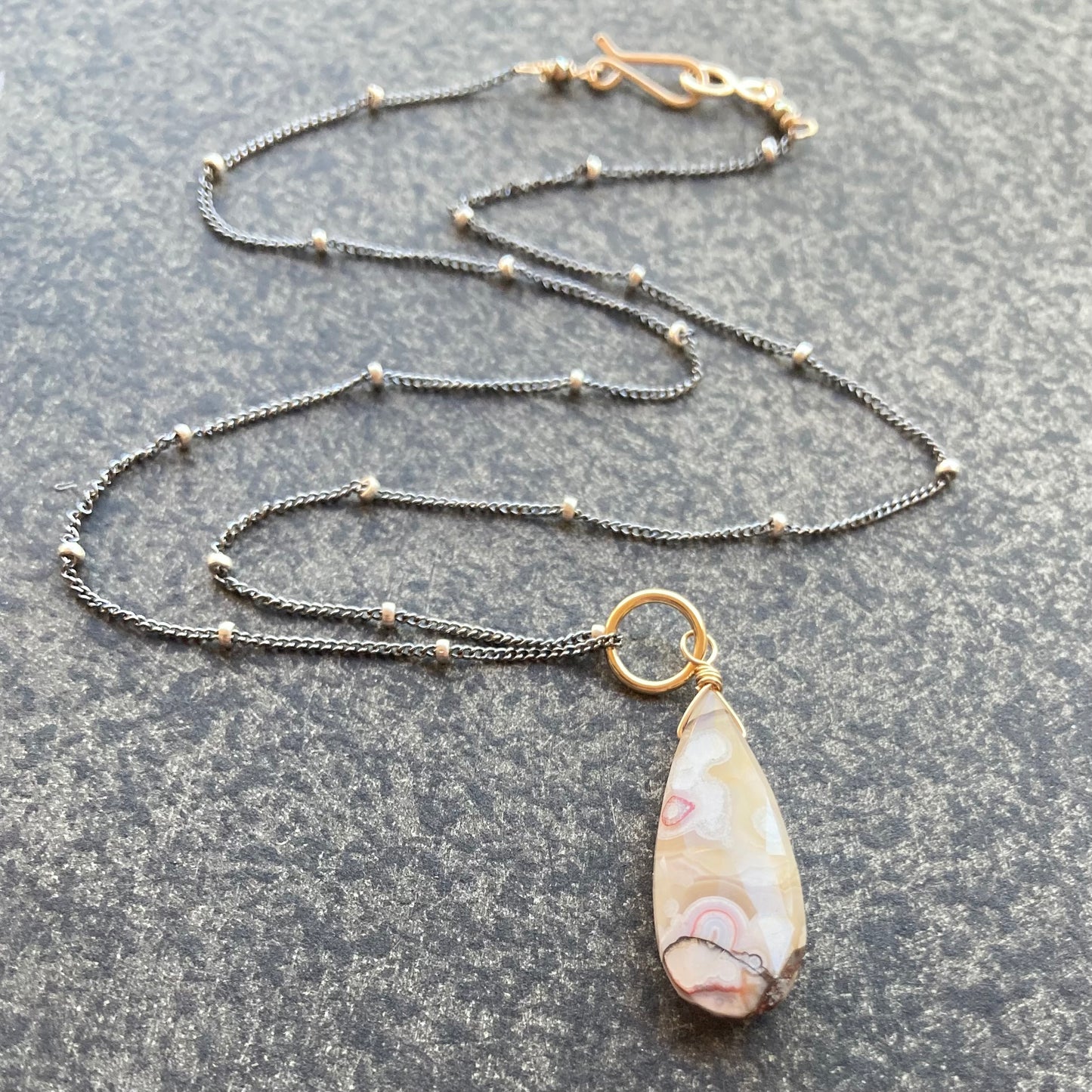 Crazy Lace Agate & Mixed Metal Pendant Necklace