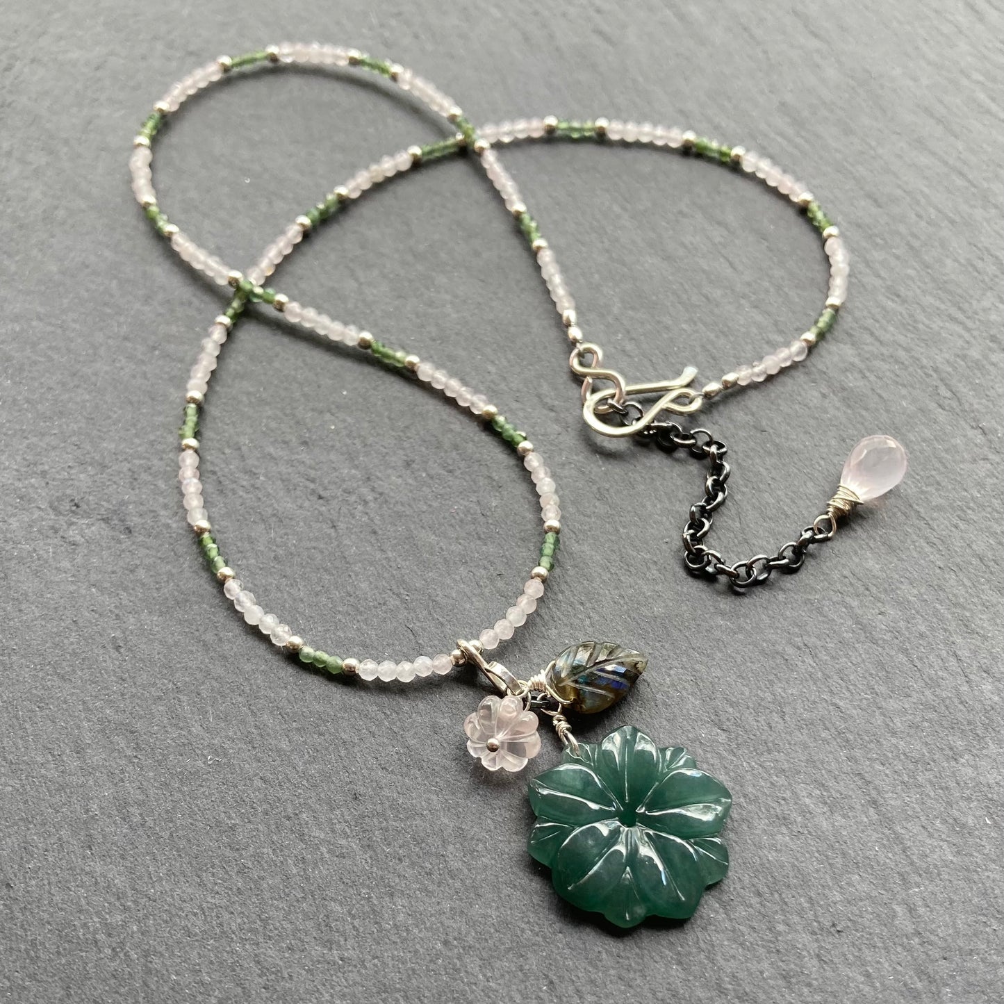 Rose Quartz, Sterling Silver & Guatemalan Jade Winter Succulent Necklace