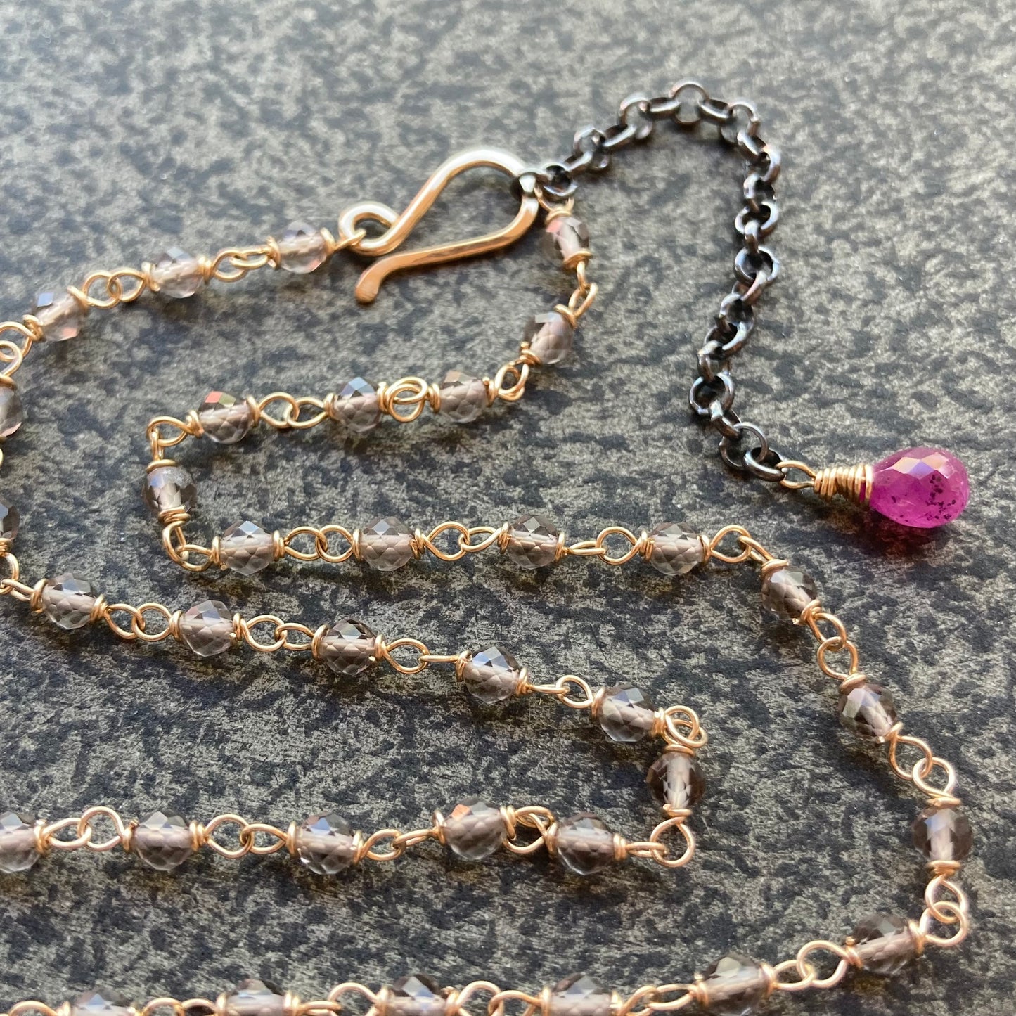 Black Mother of Pearl, Ice Obsidian & Mixed Metal Leaf Pendant Necklace