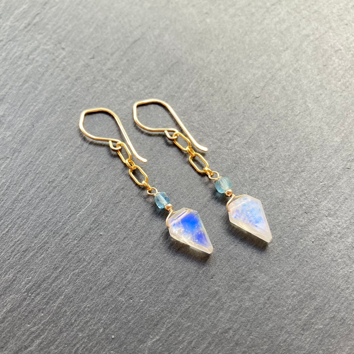 Rainbow Moonstone, Santa Maria Aquamarine & Gold Arrowhead Earrings