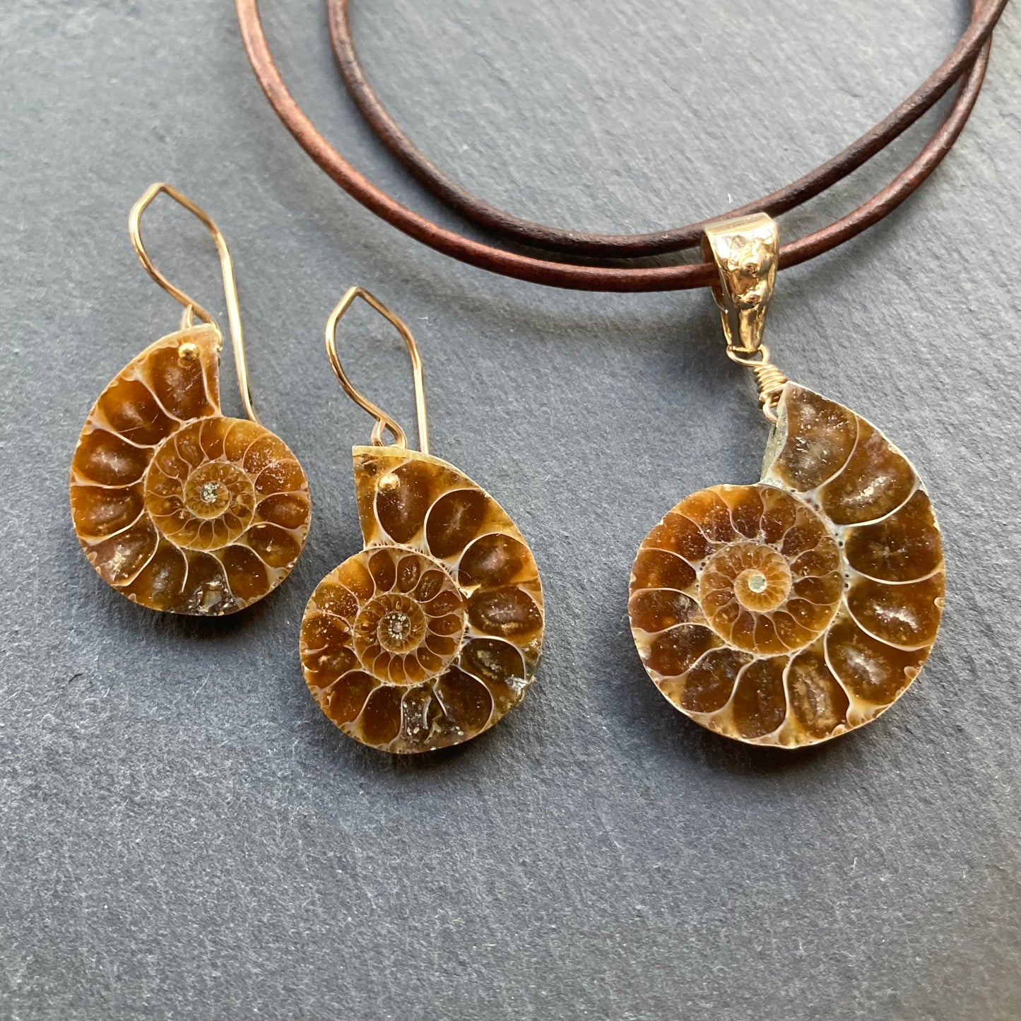 Natural Ammonite & Bronze Leather Choker (left facing)