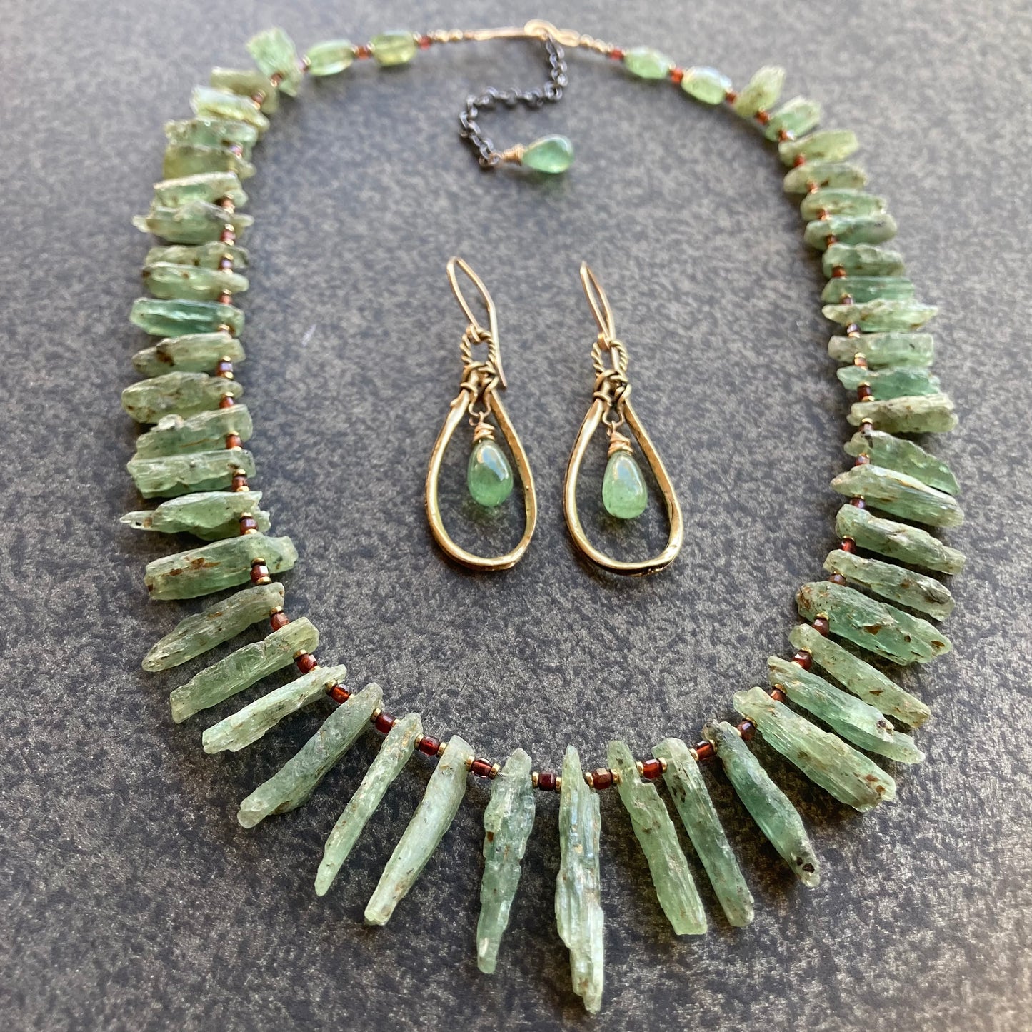 Green Kyanite, Gold & Bronze Teardrop Hoops