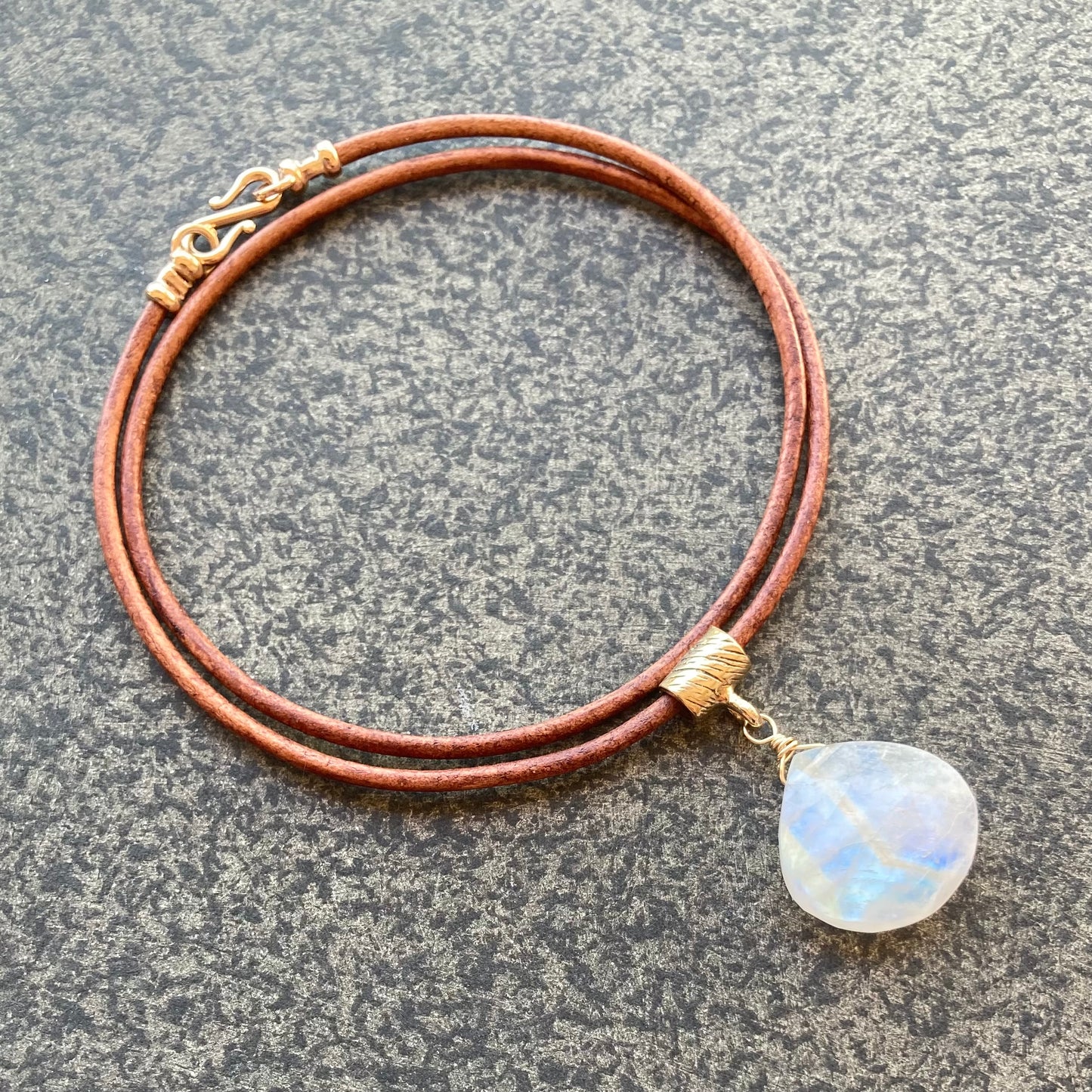 Rainbow Moonstone & Bronze Leather Choker