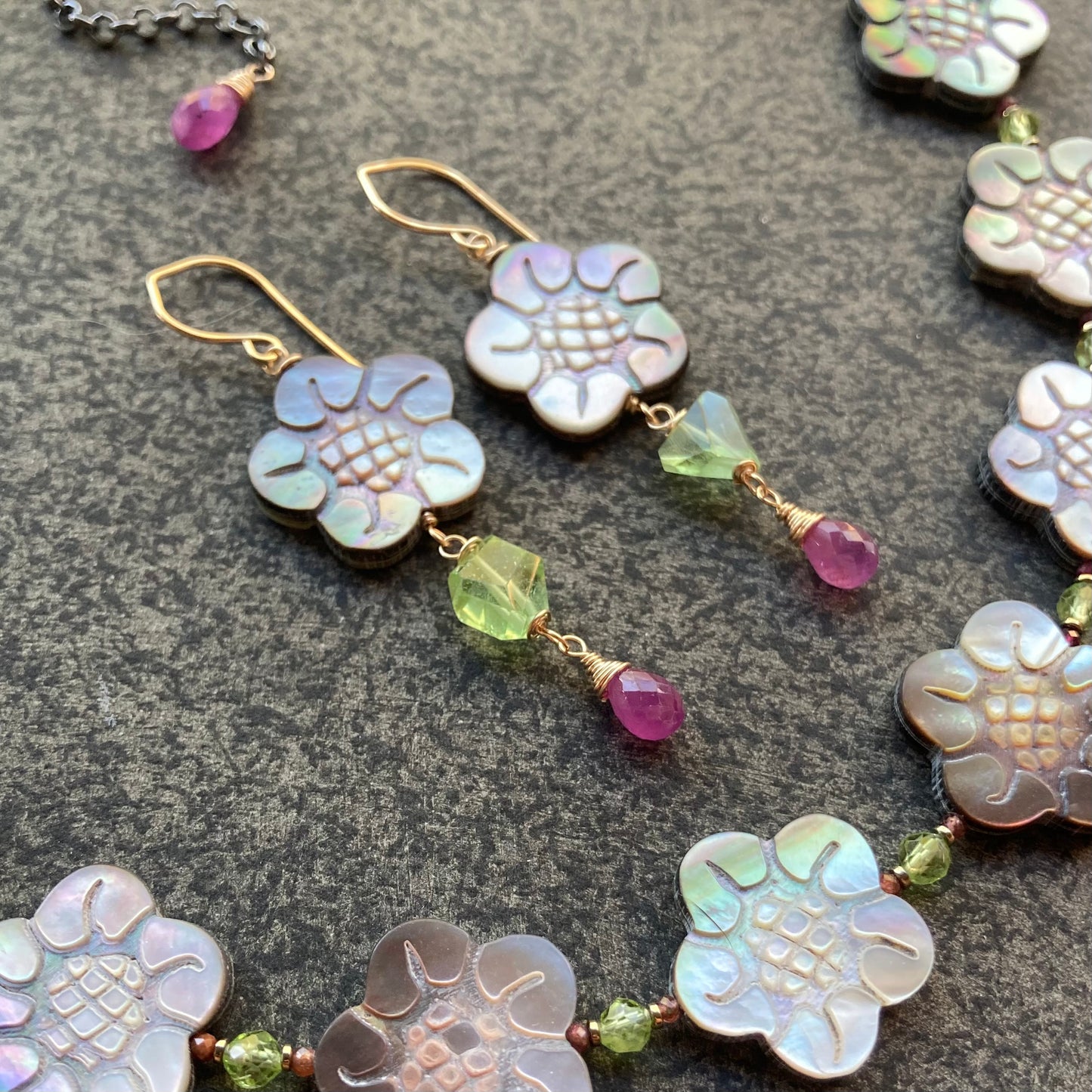 Black Mother of Pearl, Peridot, Ruby & Mixed Metal Cherry Blossom Collar