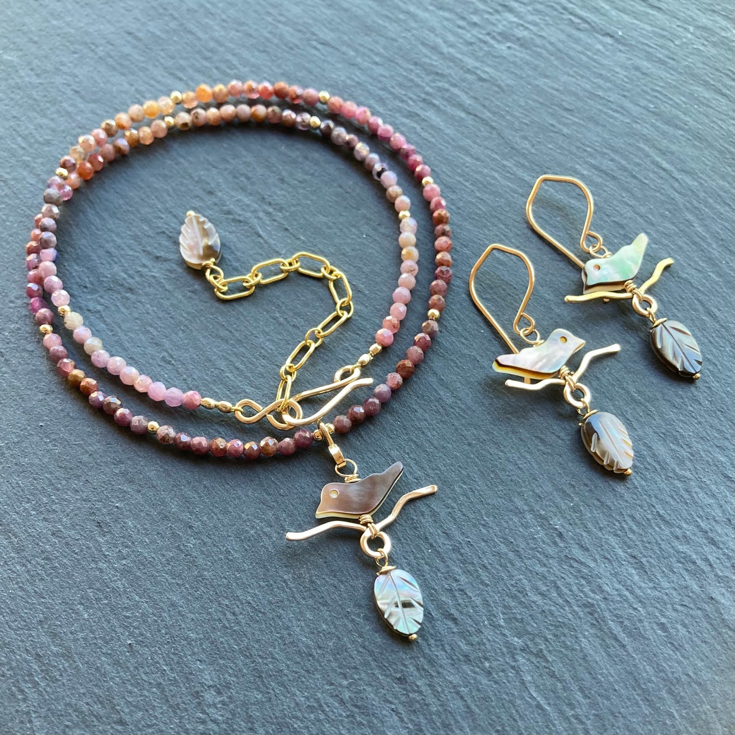 Black Mother of Pearl, Natural Ruby & Gold Autumn Branches Choker