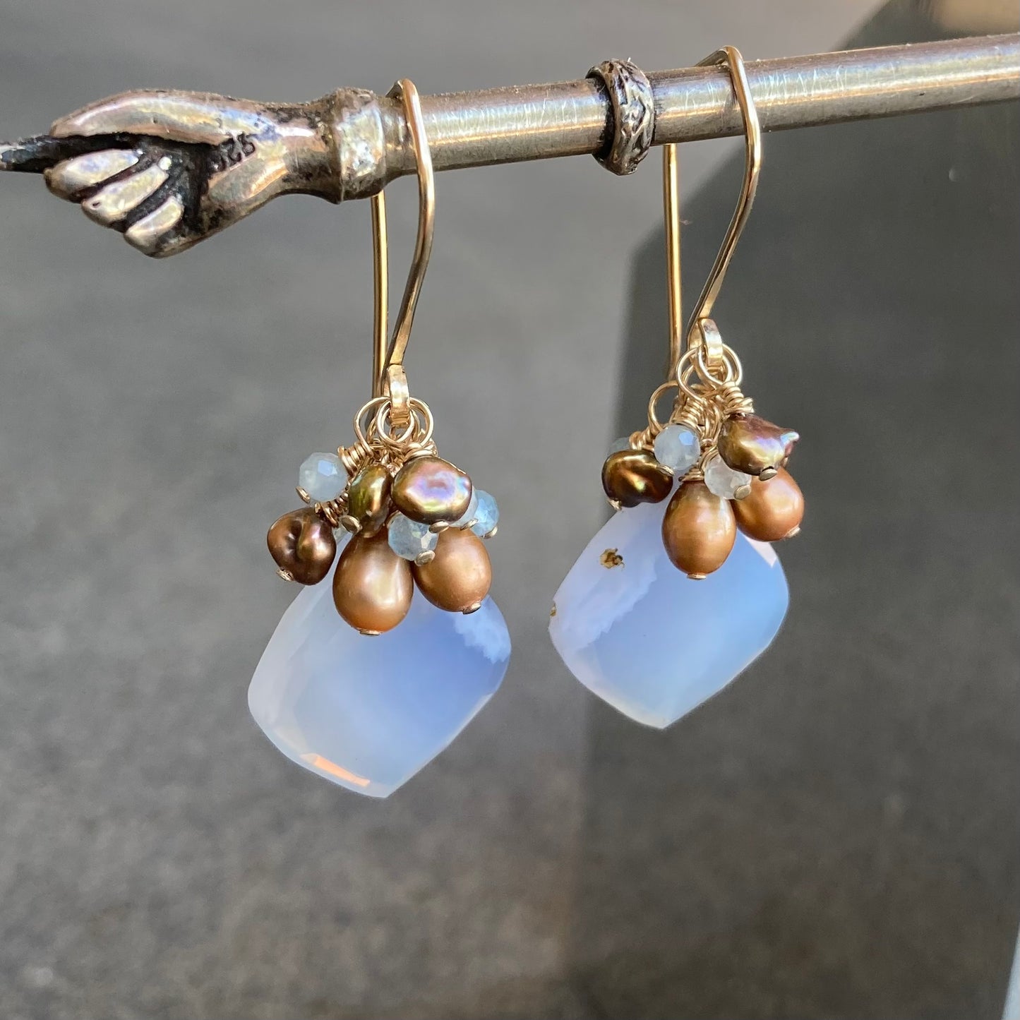 Blue Lace Agate, Copper Freshwater Pearl, Aquamarine & Gold Cluster Earrings