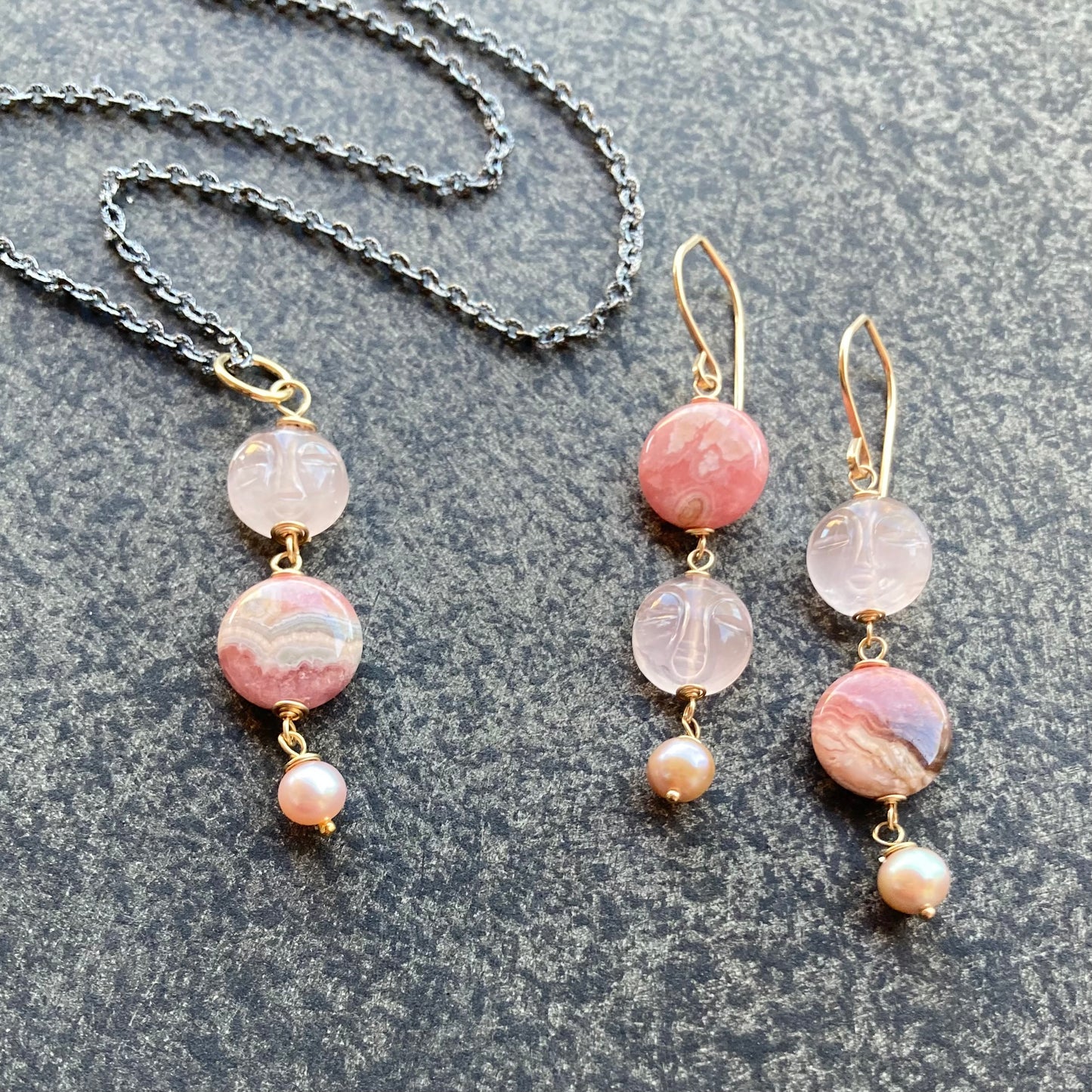 Rhodochrosite, Rose Quartz & Mixed Metal Pink Moon Rising Pendant Necklace