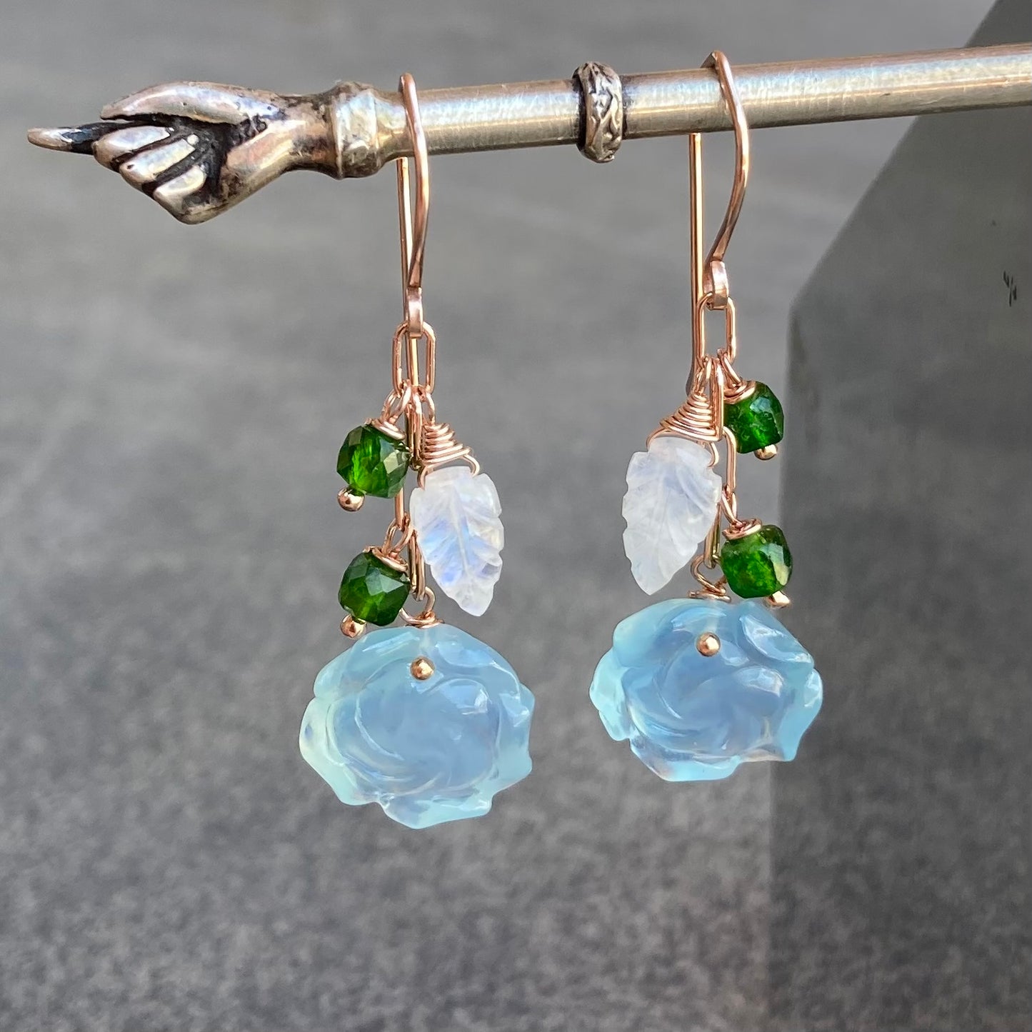 Aquamarine, Chrome Diopside, Rainbow Moonstone & Rose Gold Cascade Earrings