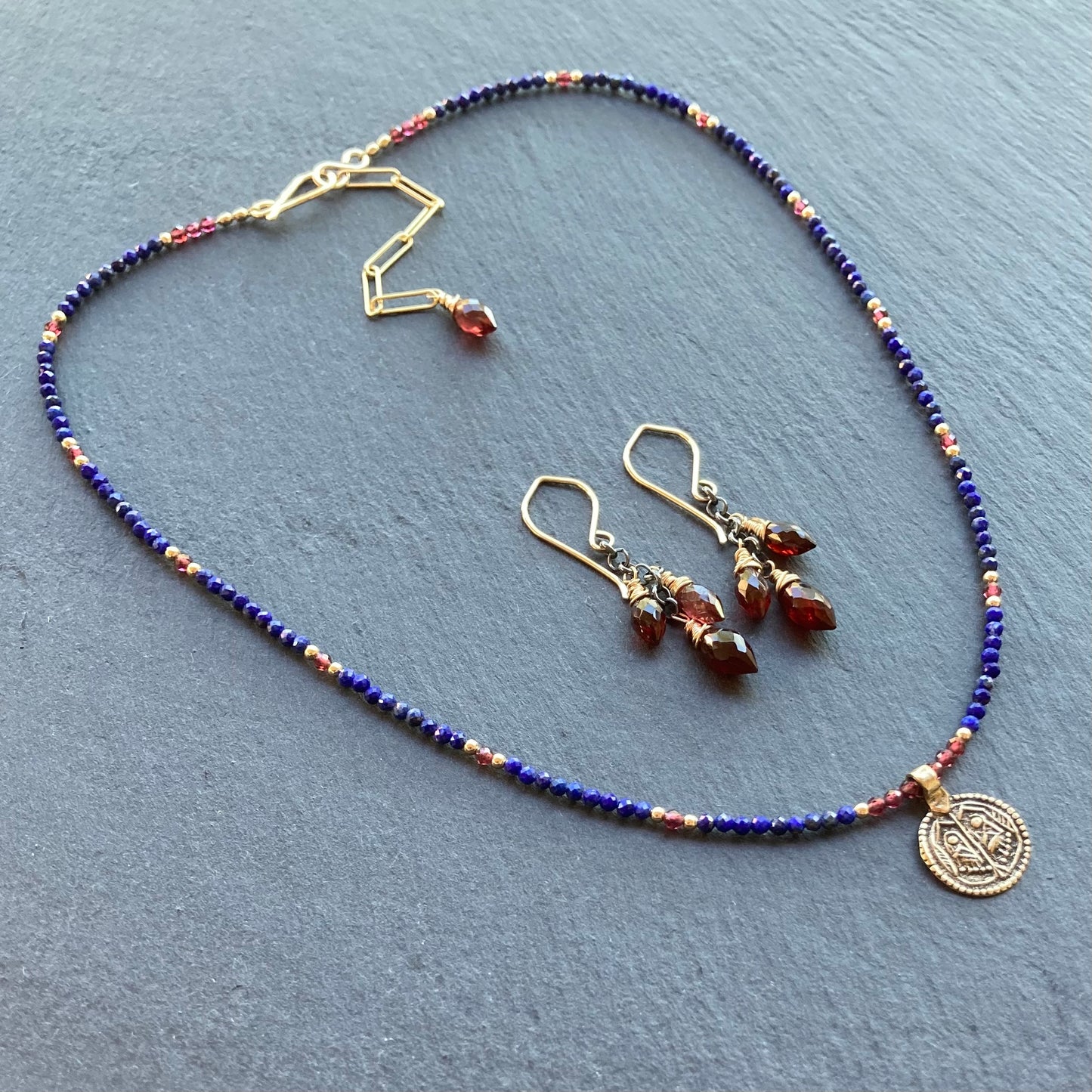 Lapis, Mozambique Garnet, Gold & Bronze Buddha Feet Pendant Choker
