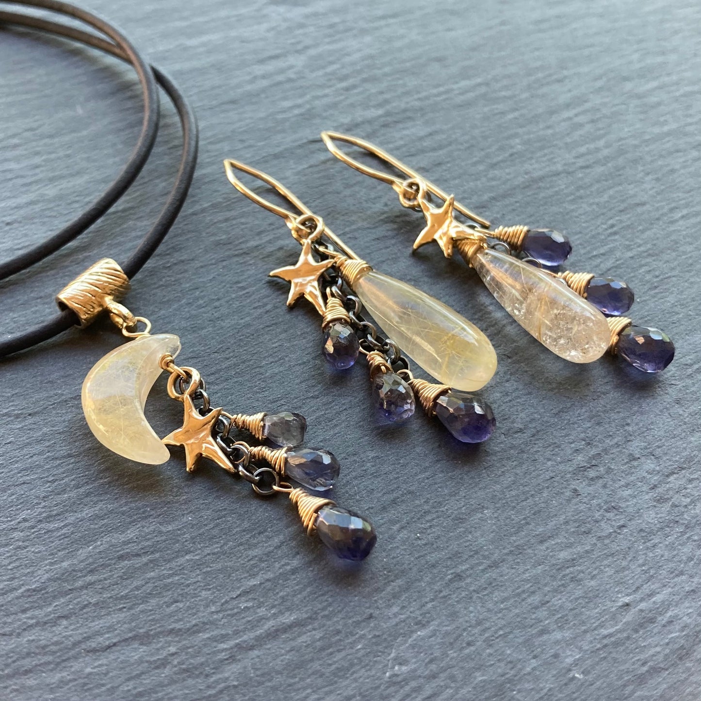 Golden Rutilated Quartz, Iolite & Mixed Metal Autumn Moon Leather Charm Choker