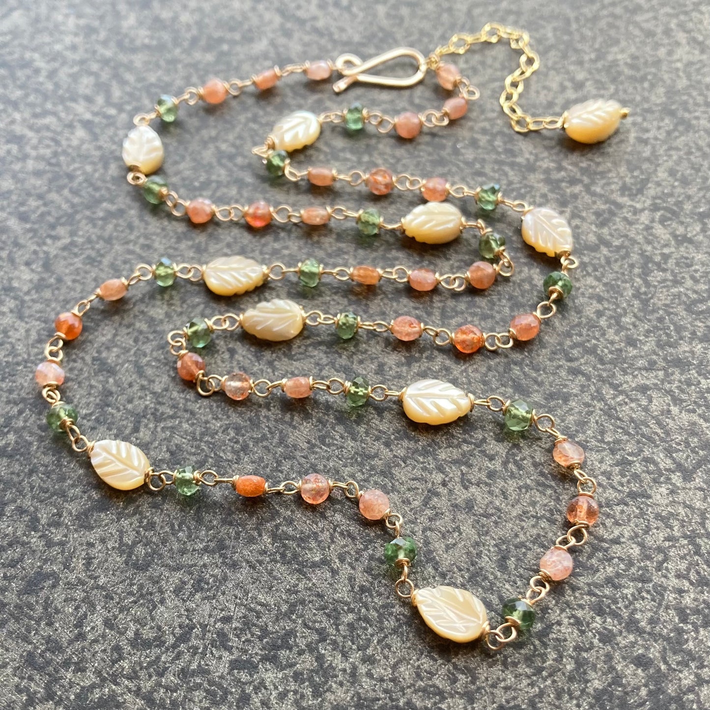 Oregon Sunstone, Green Apatite, Mother of Pearl & Gold Necklace