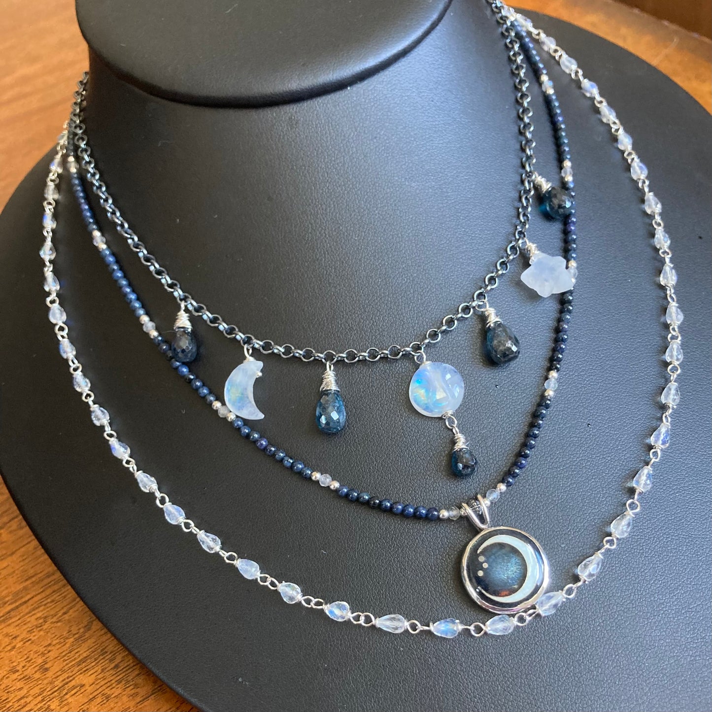Rainbow Moonstone & Sterling Silver Moon Drops Necklace