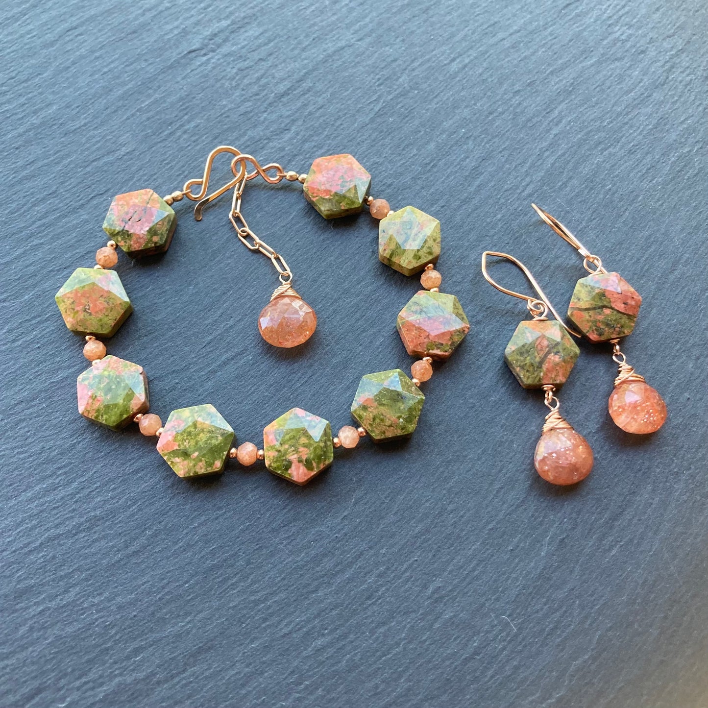 Unakite, Sunstone & Rose Gold Bracelet