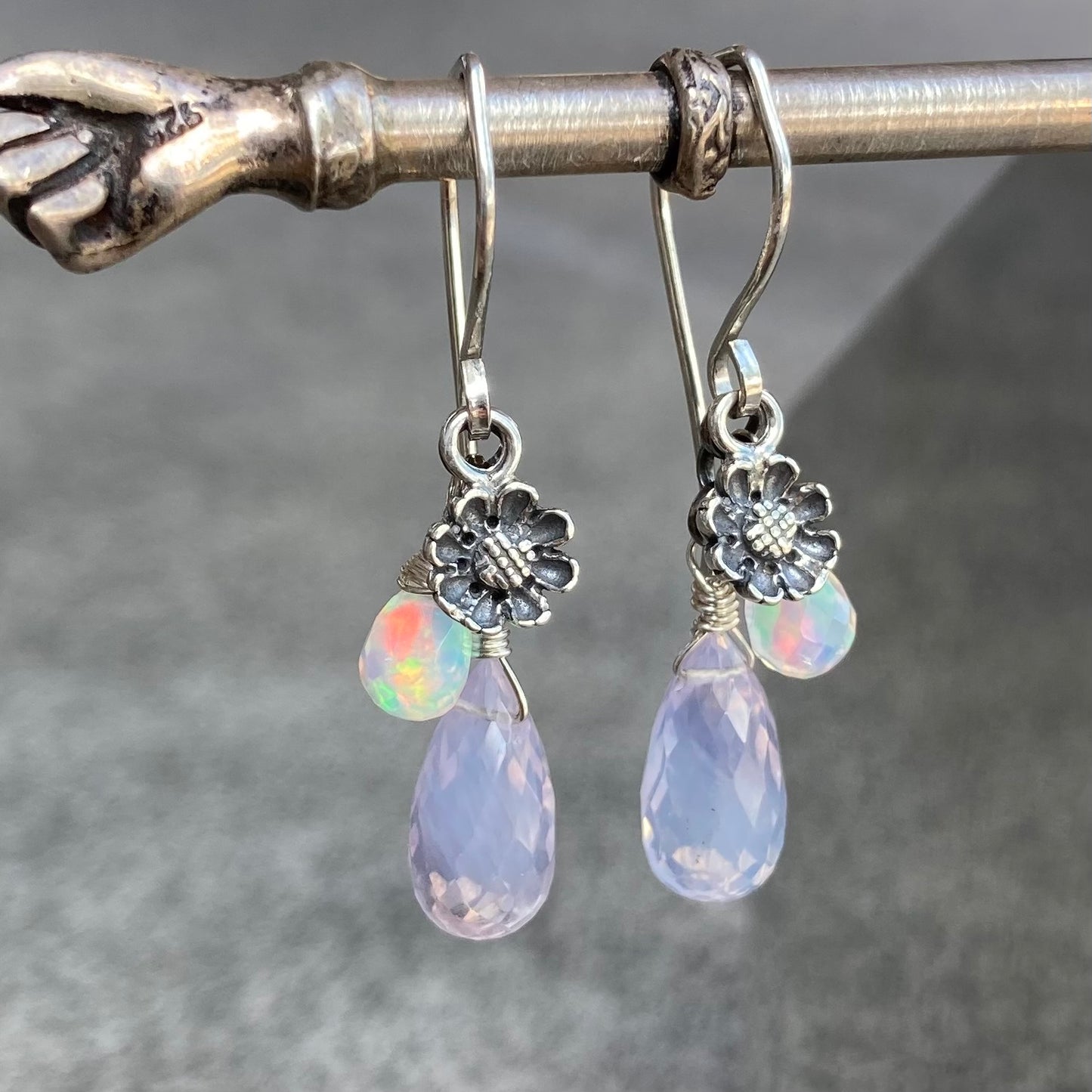 Scorolite, Ethiopian Opal & Sterling Silver Cherry Blossom Earrings