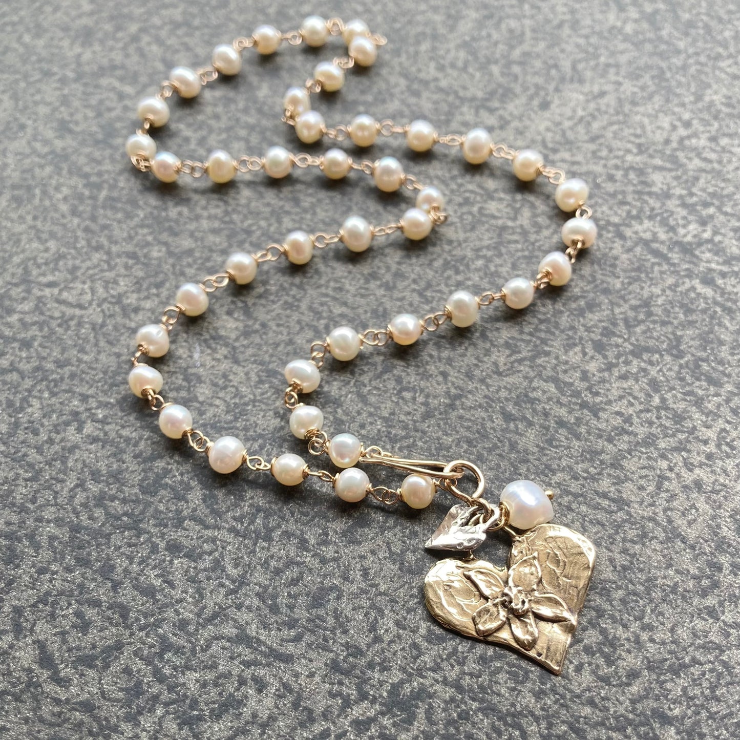 Vintage Freshwater Pearl & Mixed Metal Heart Charm Necklace