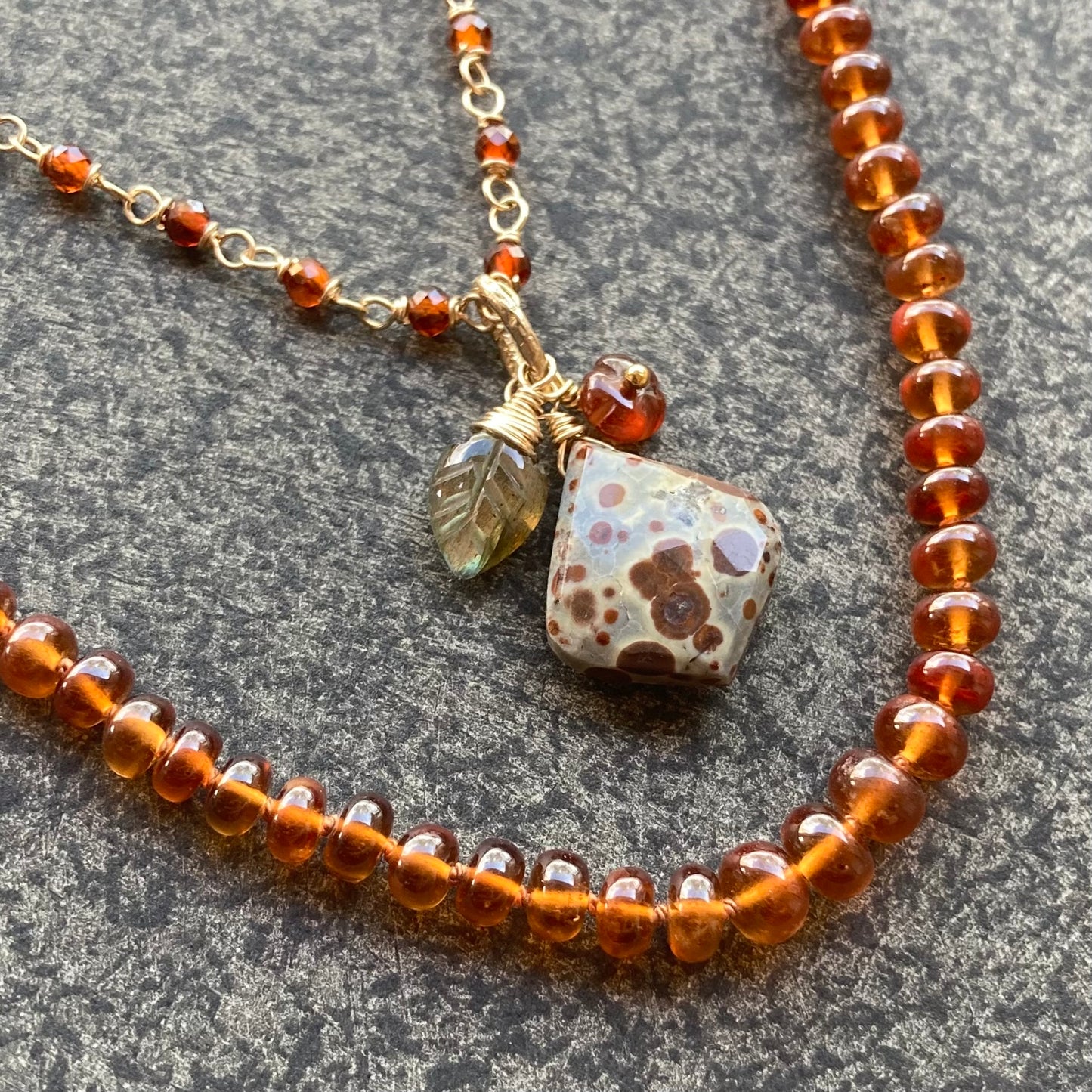 Hessonite Garnet & Gold Asteroid Jasper Pendant Garden Charm Necklace