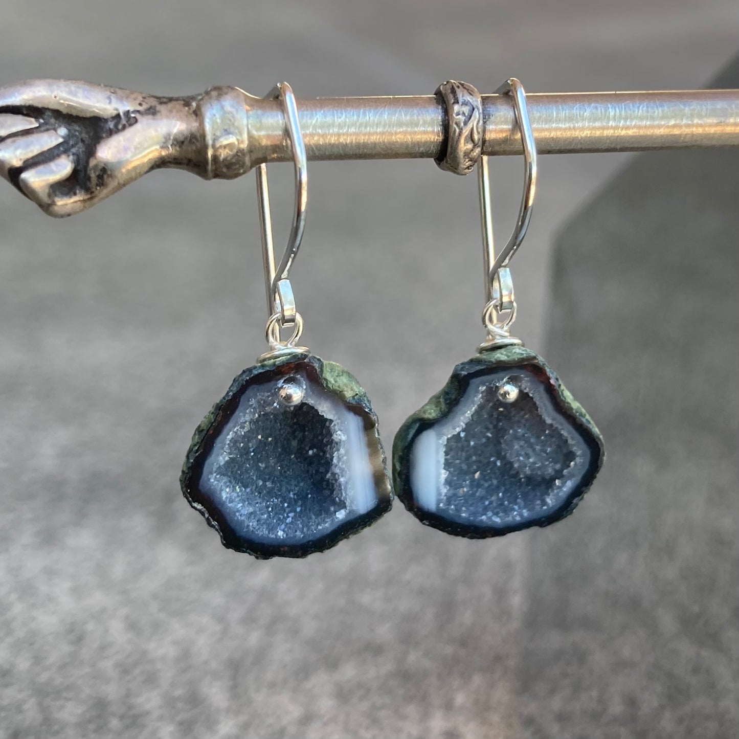 Black Druzy Geode & Sterling Silver Earrings