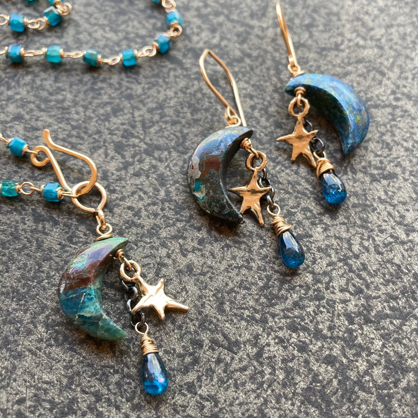 Neon Blue Apatite, Gold & Chrysocolla Starry Night Charm Choker