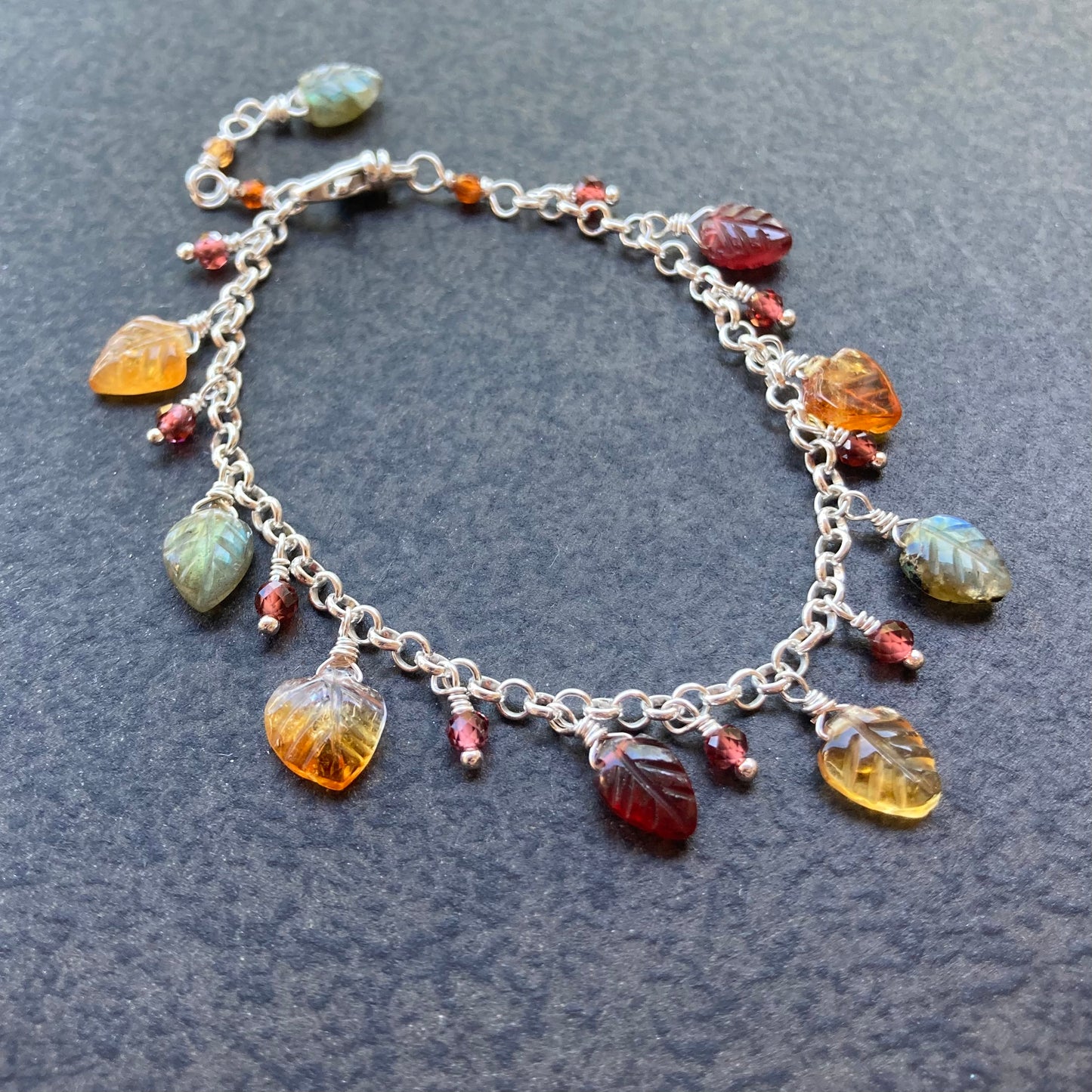 Multi Gemstone & Sterling Silver Dancing Leaves Charm Bracelet