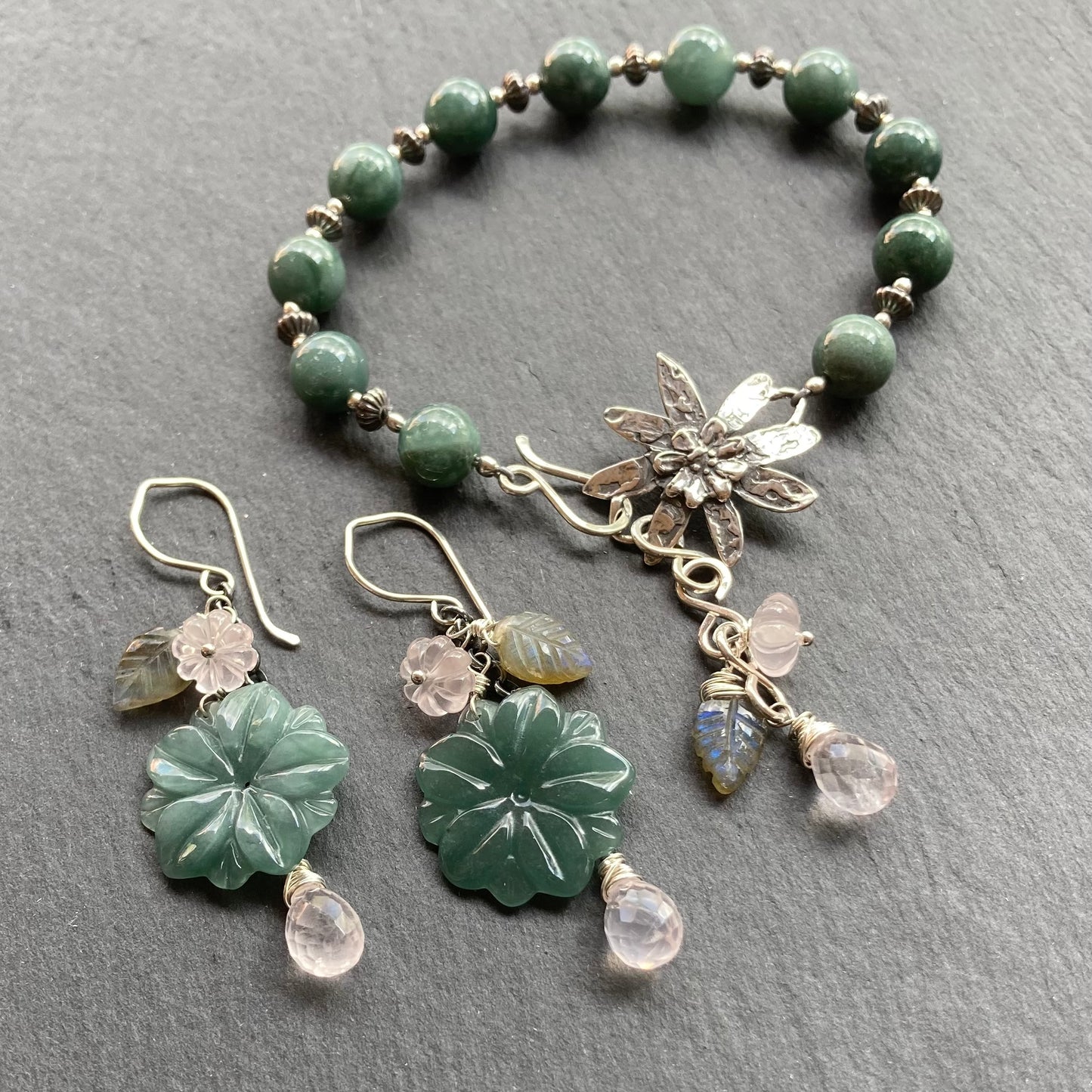 Rose Quartz, Sterling Silver & Guatemalan Jade Winter Succulent Earrings
