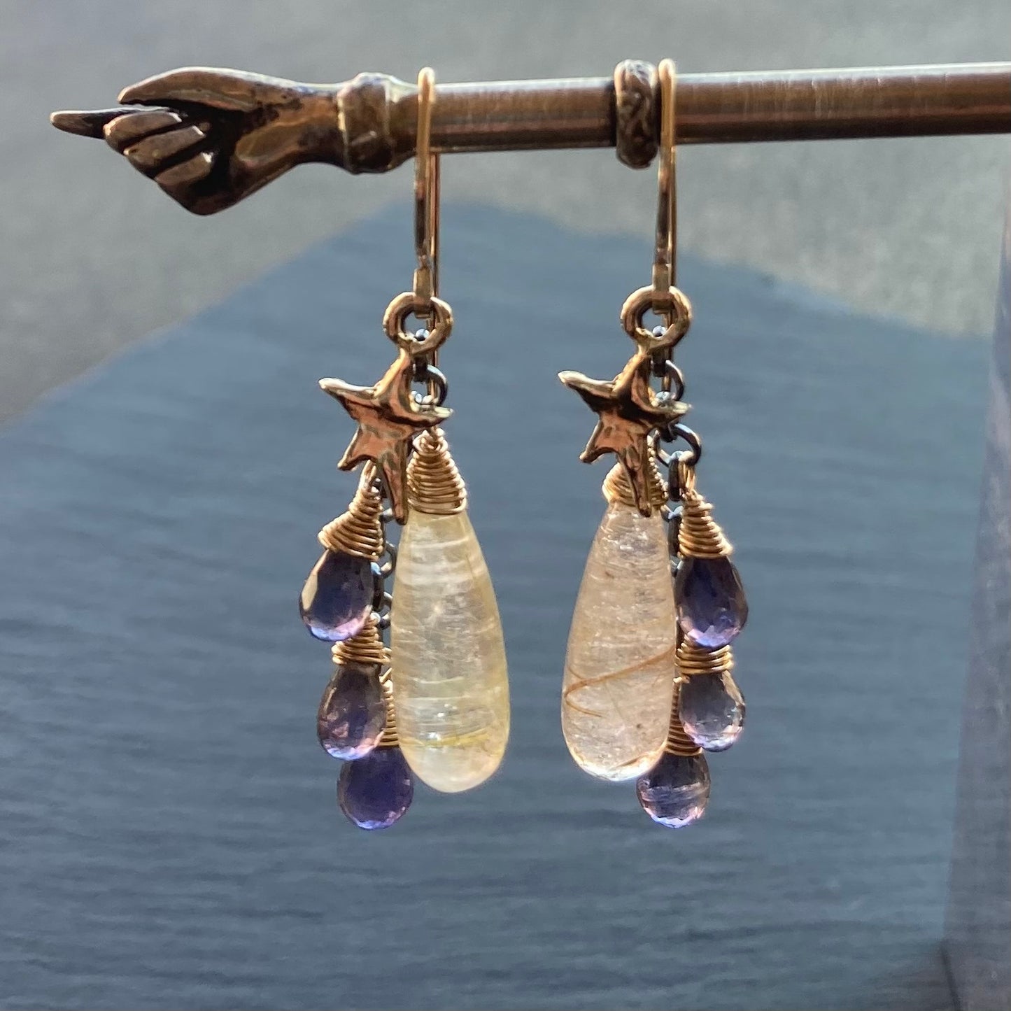 Golden Rutilated Quartz, Iolite & Mixed Metal Autumn Sky Cascade Earrings