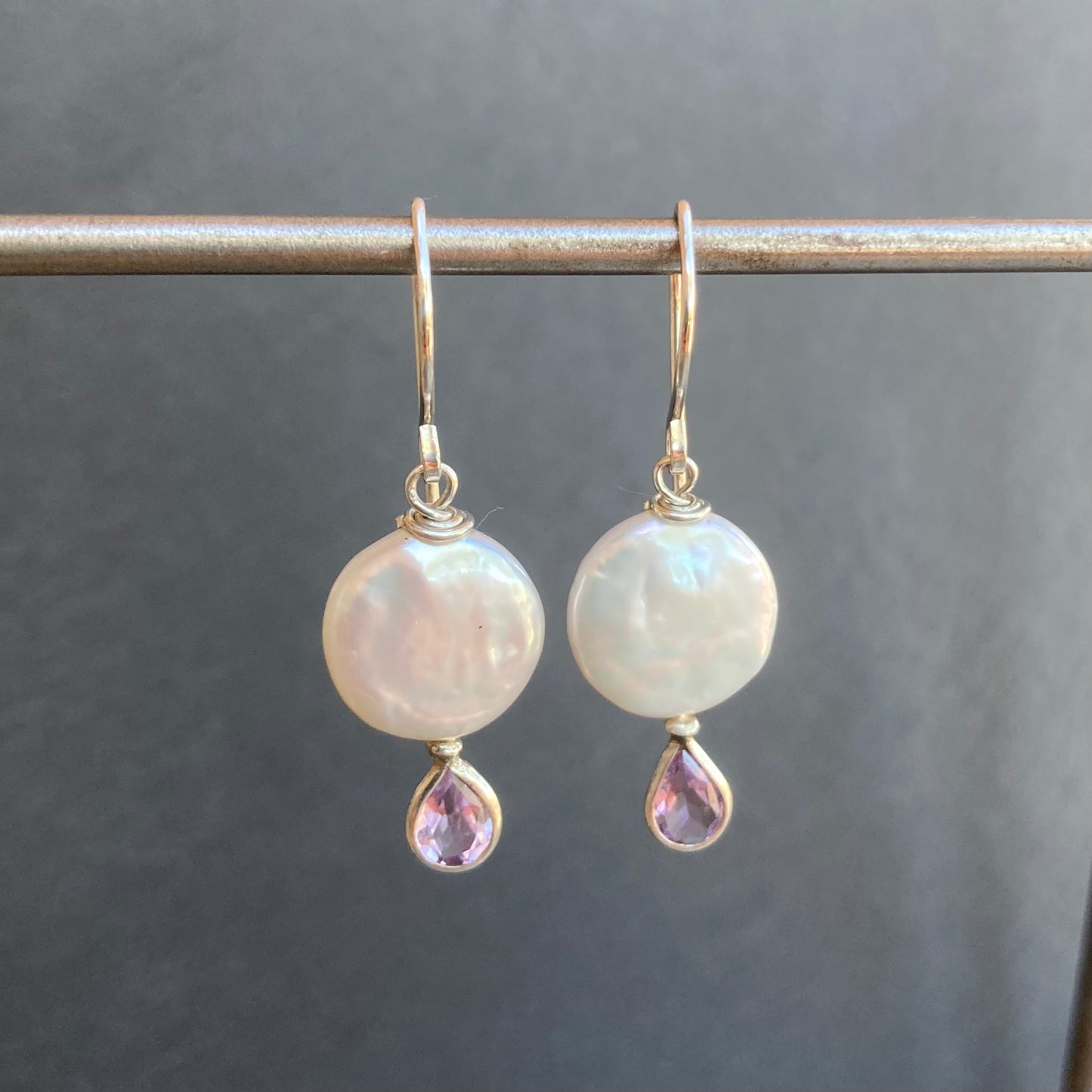 Freshwater Coin Pearl, Amethyst & Sterling Silver Earrings