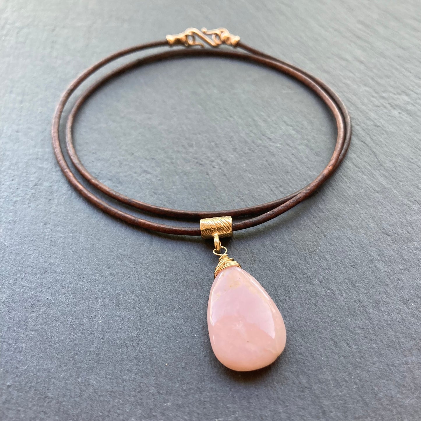 Pink Peruvian Opal & Bronze Leather Choker