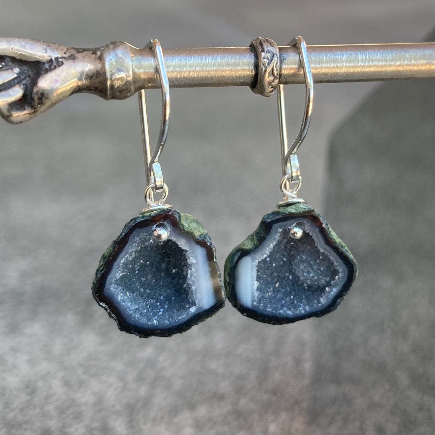 Black Druzy Geode & Sterling Silver Earrings
