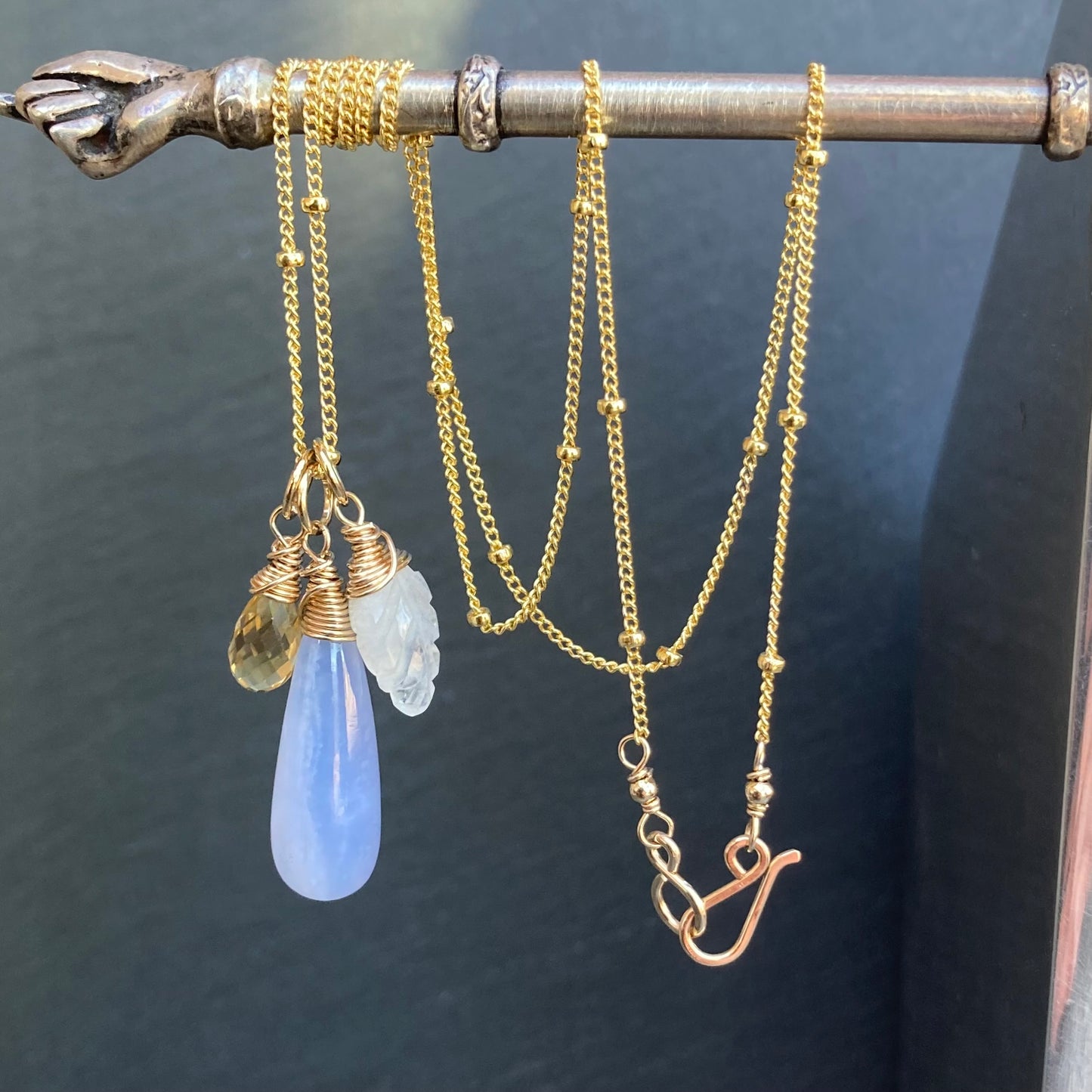 Blue Lace Agate, Rainbow Moonstone, Citrine & Gold Charm Necklace