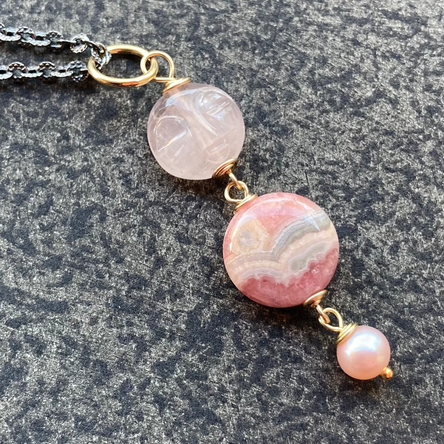 Rhodochrosite, Rose Quartz & Mixed Metal Pink Moon Rising Pendant Necklace