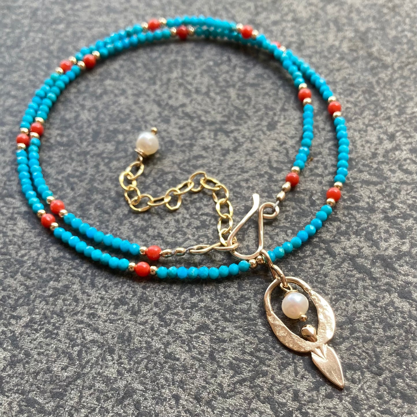 Sleeping Beauty Turquoise, Italian Coral, Gold & Bronze Goddess Pendant Choker