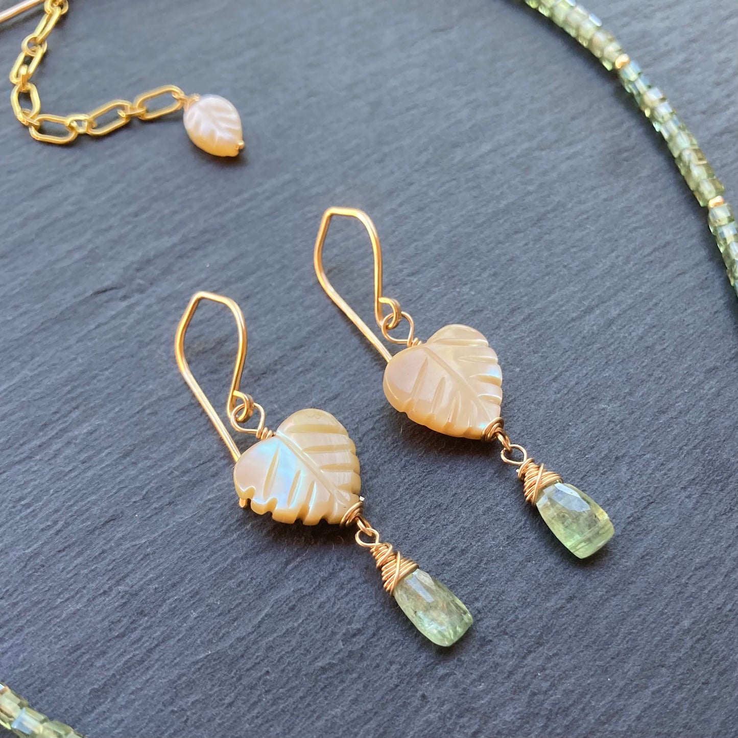 Mother of Pearl, Green Apatite & Gold Palm Heart Necklace