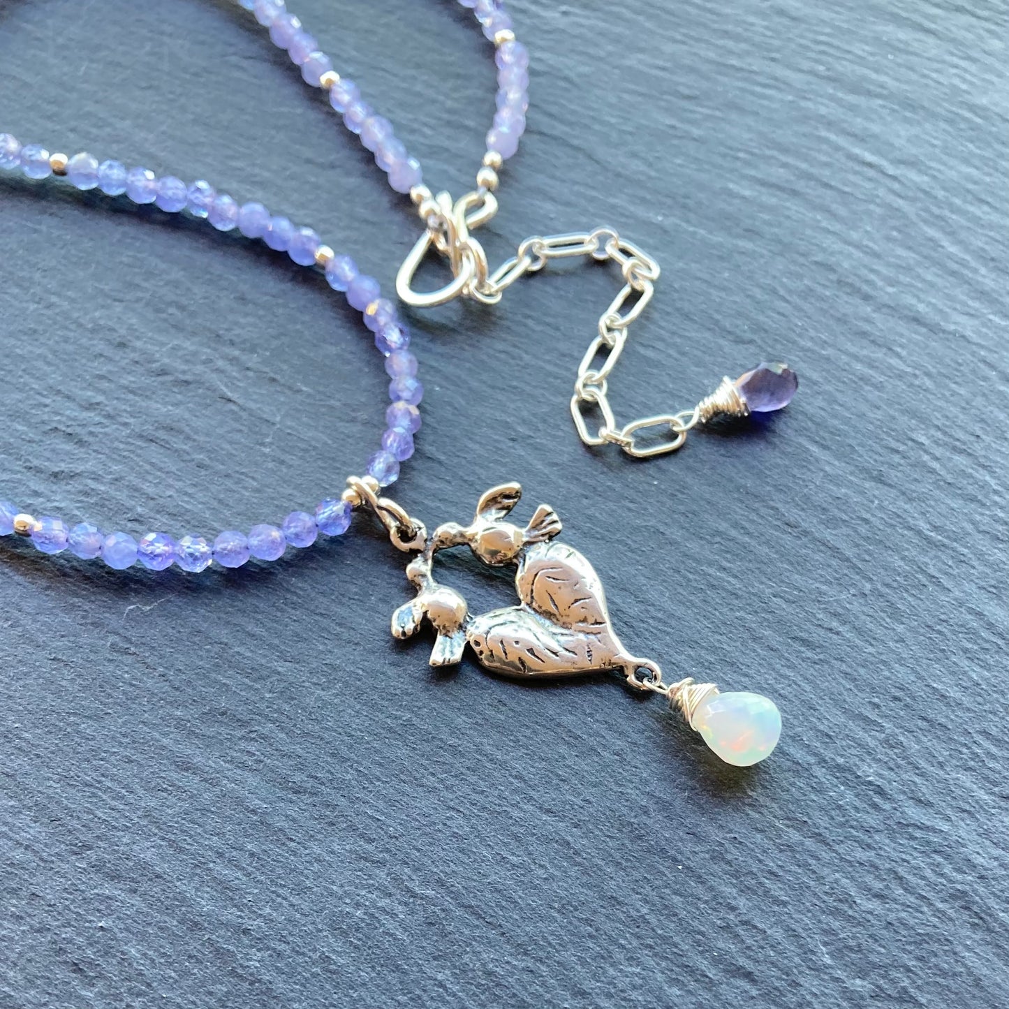 Tanzanite, Ethiopian Opal & Sterling Silver Love Birds Pendant Choker