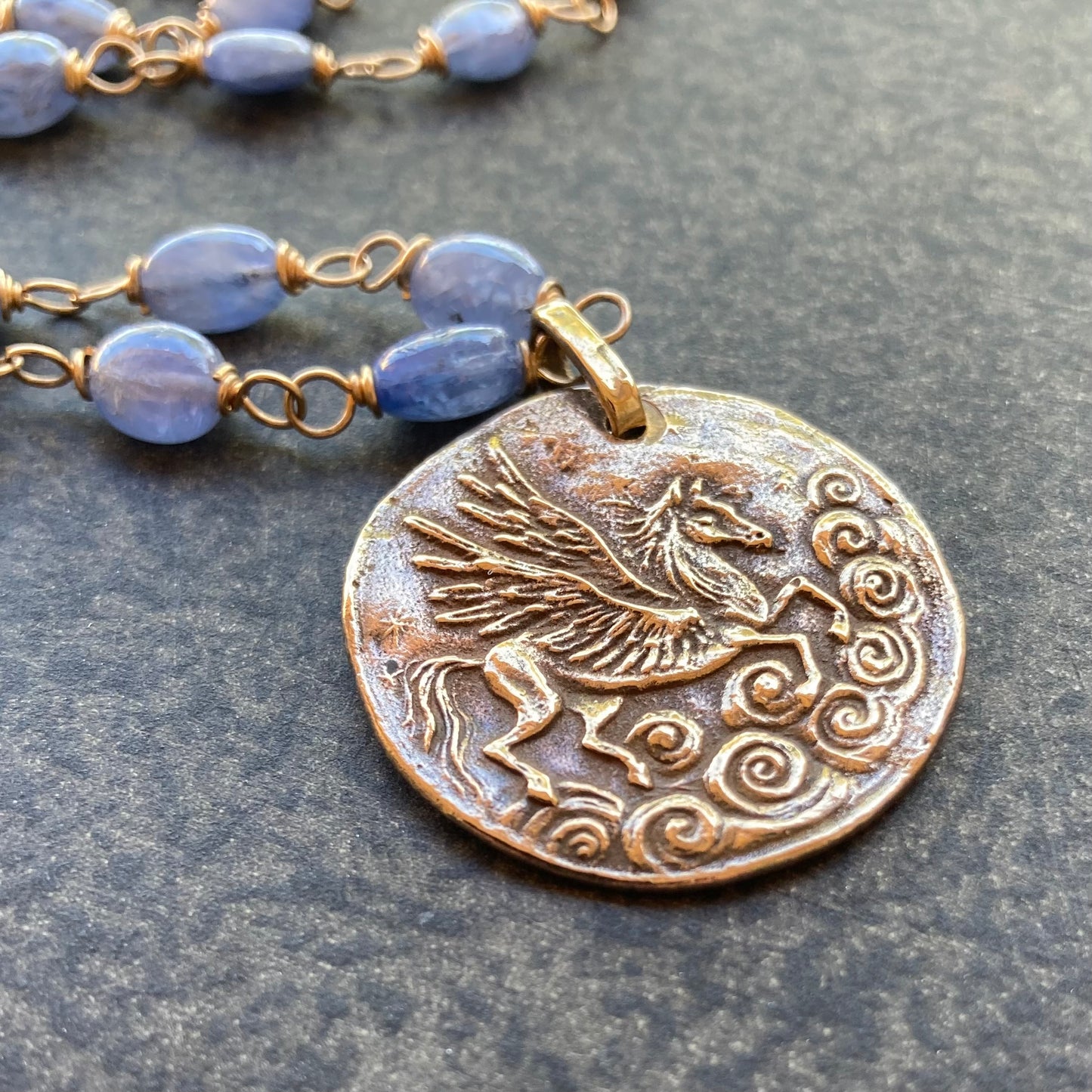 Burmese Sapphire, Gold & Bronze Pegasus Cloud Coin Necklace
