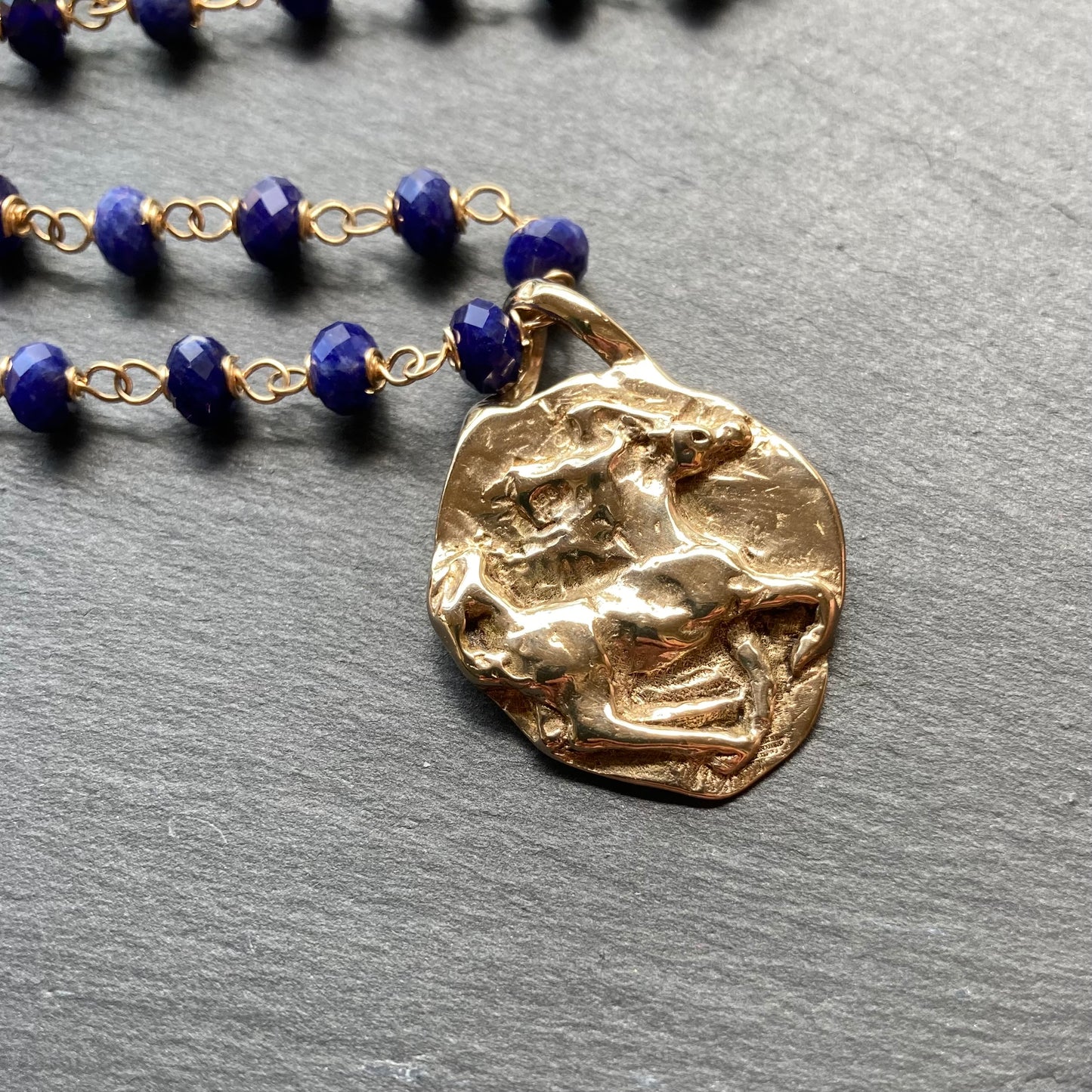Sodalite, Gold & Bronze Horse Coin Necklace