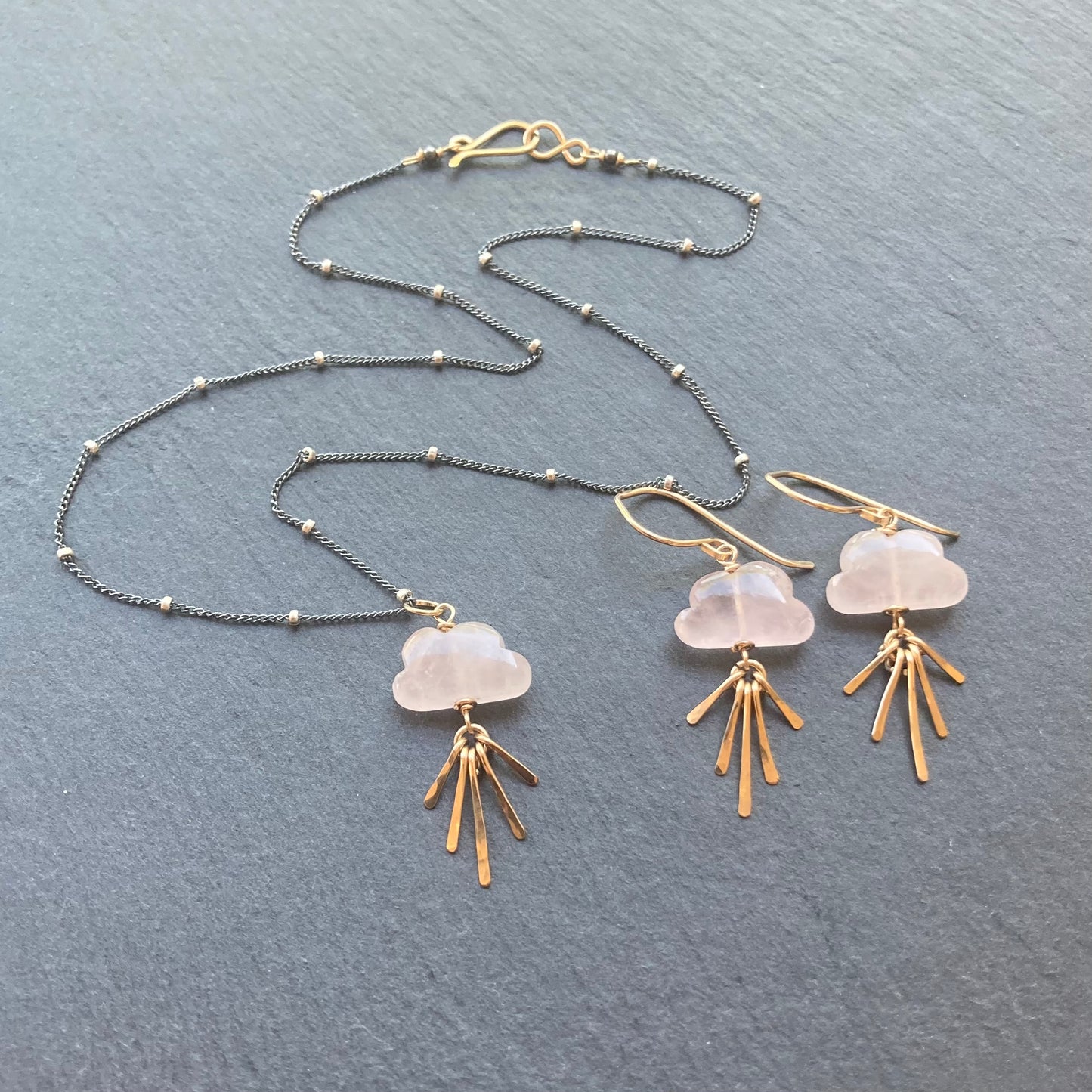 Rose Quartz & Gold Sunset Fringe Earrings