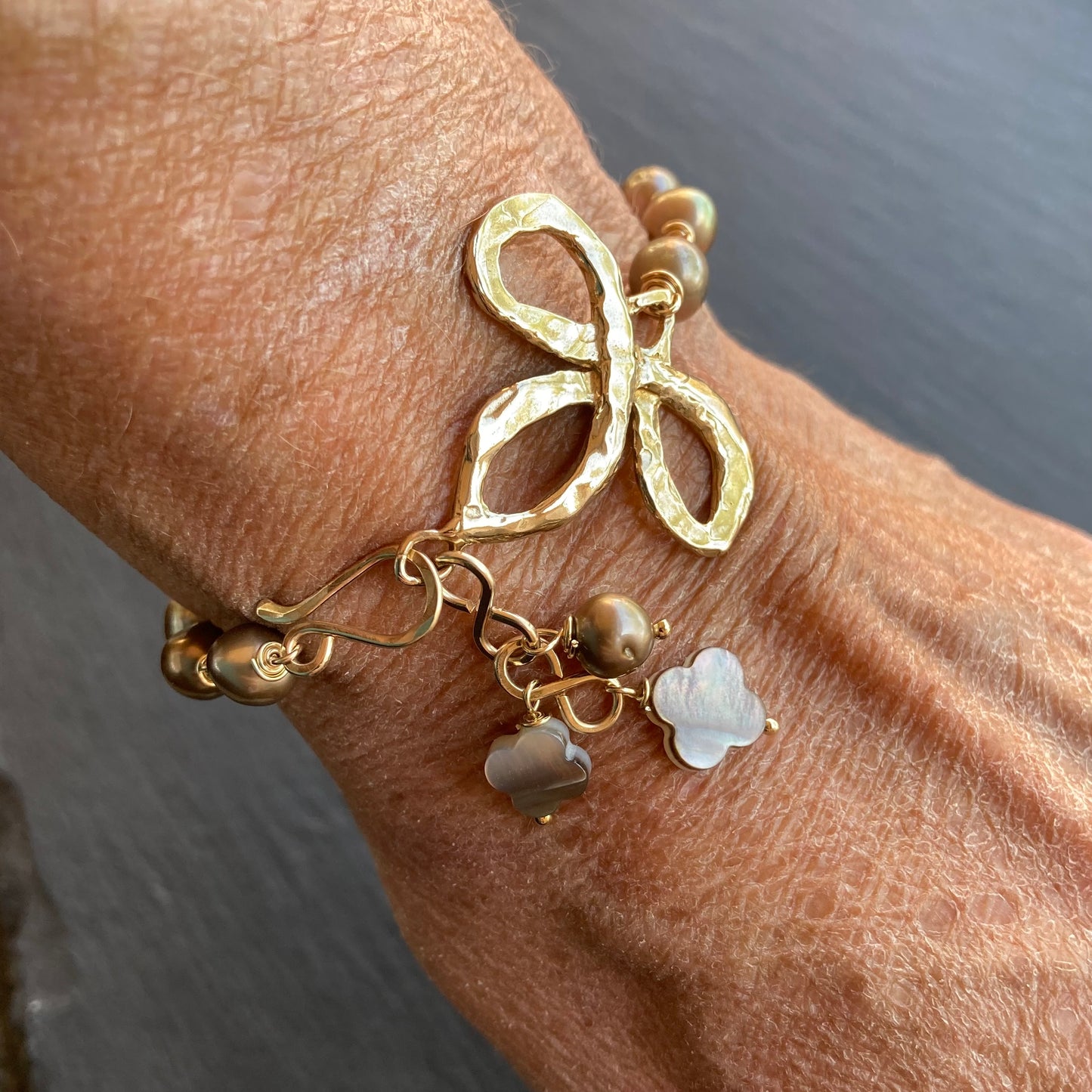 Mocha Freshwater Pearl, Gold & Bronze Fleur di Lis Charm Bracelet
