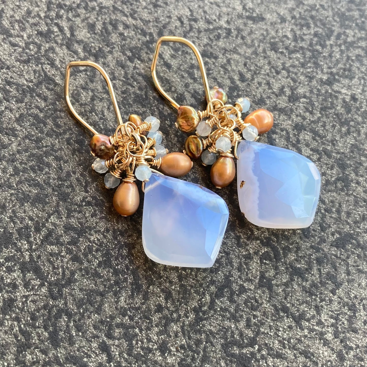 Blue Lace Agate, Copper Freshwater Pearl, Aquamarine & Gold Cluster Earrings