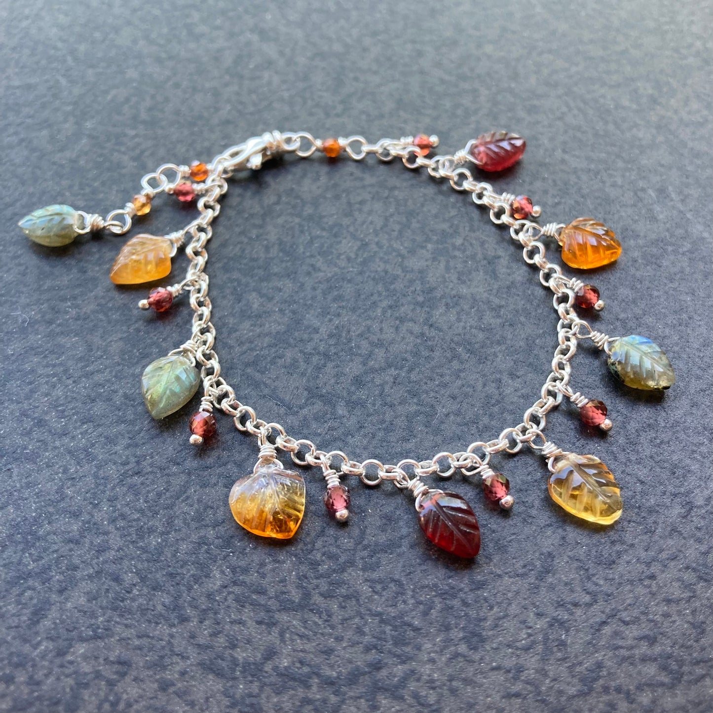 Multi Gemstone & Sterling Silver Dancing Leaves Charm Bracelet