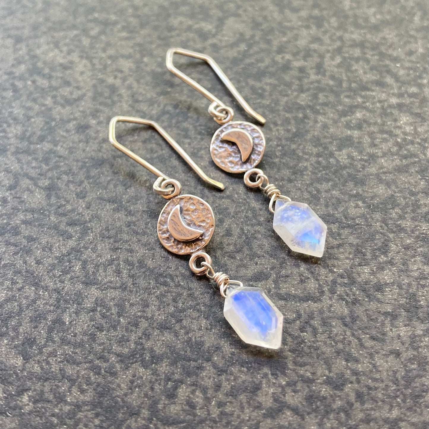 Rainbow Moonstone & Sterling Silver Moon Coin Earrings
