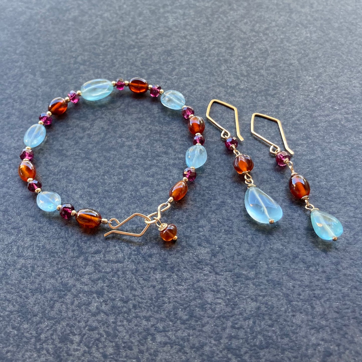 Aquamarine, Hessonite, Rhodolite & 14k Gold Bracelet